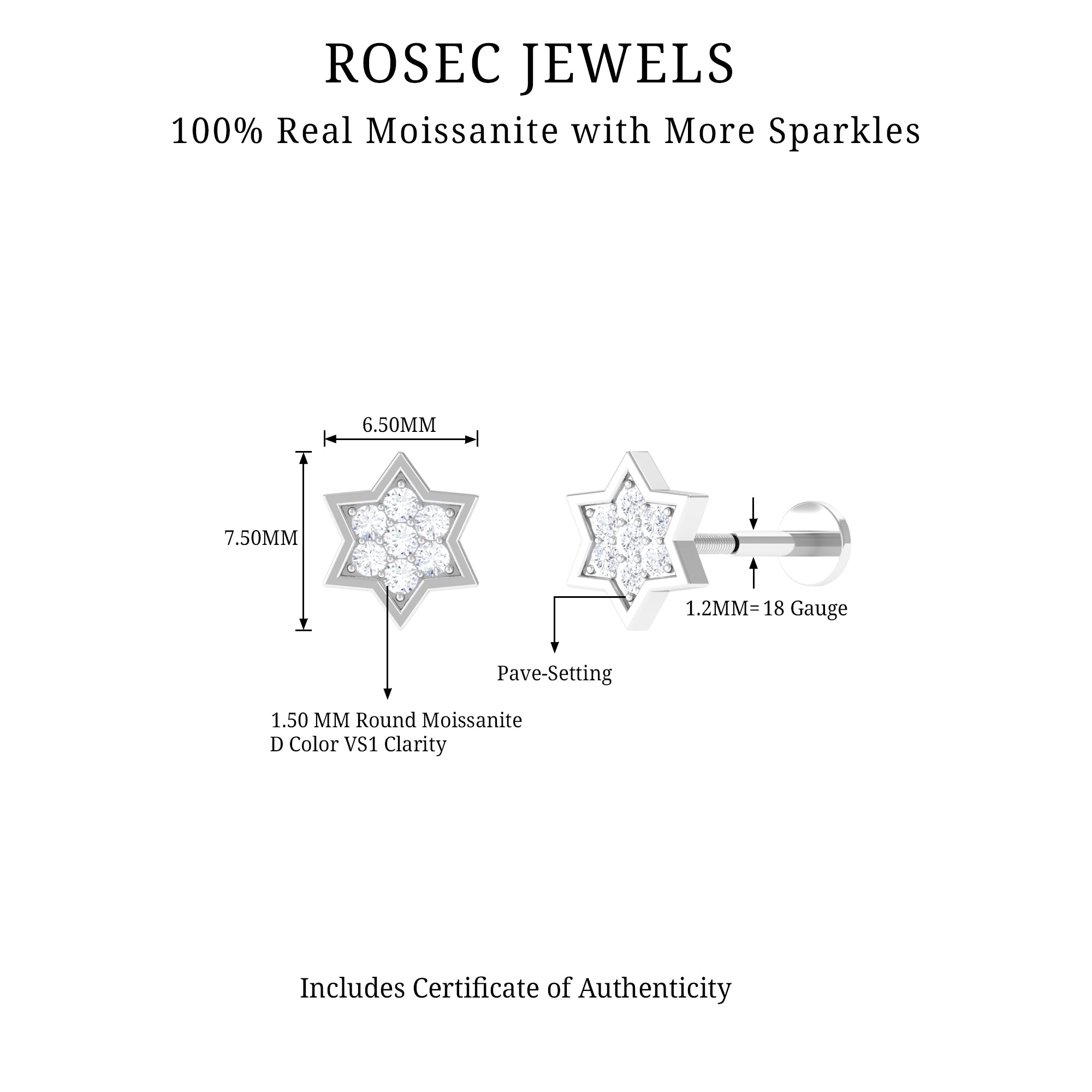 Round Moissanite Star Earring for Cartilage Piercing D-VS1 - Rosec Jewels