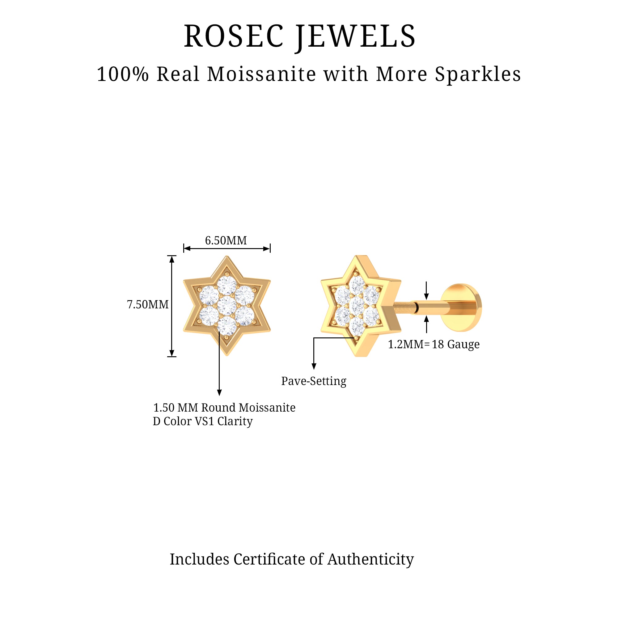 Round Moissanite Star Earring for Cartilage Piercing D-VS1 - Rosec Jewels