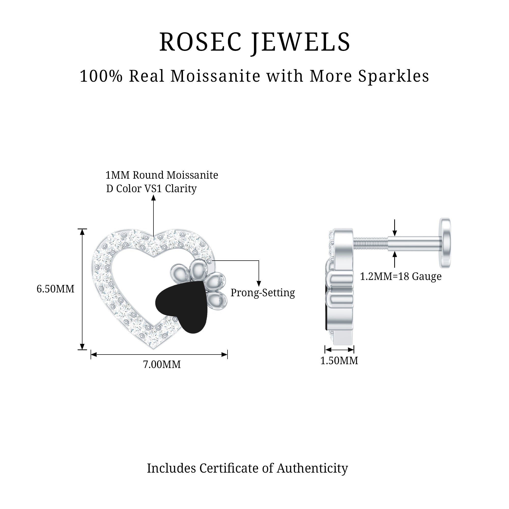 Certified Moissanite Paw and Heart Cartilage Earring with Enamel D-VS1 - Rosec Jewels