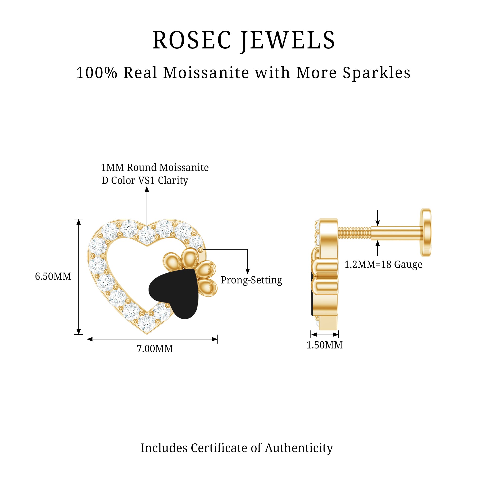 Certified Moissanite Paw and Heart Cartilage Earring with Enamel D-VS1 - Rosec Jewels