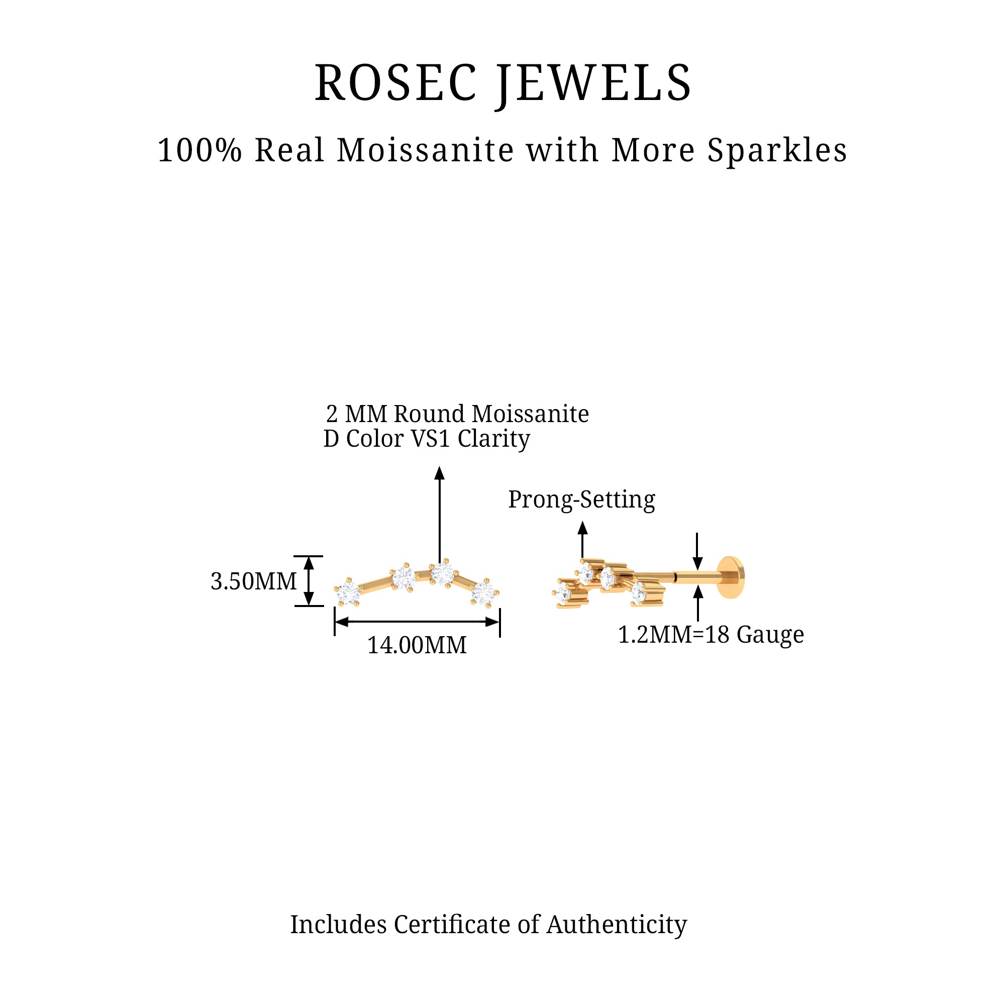 Moissanite Ear Climber Aquarius Earring D-VS1 - Rosec Jewels