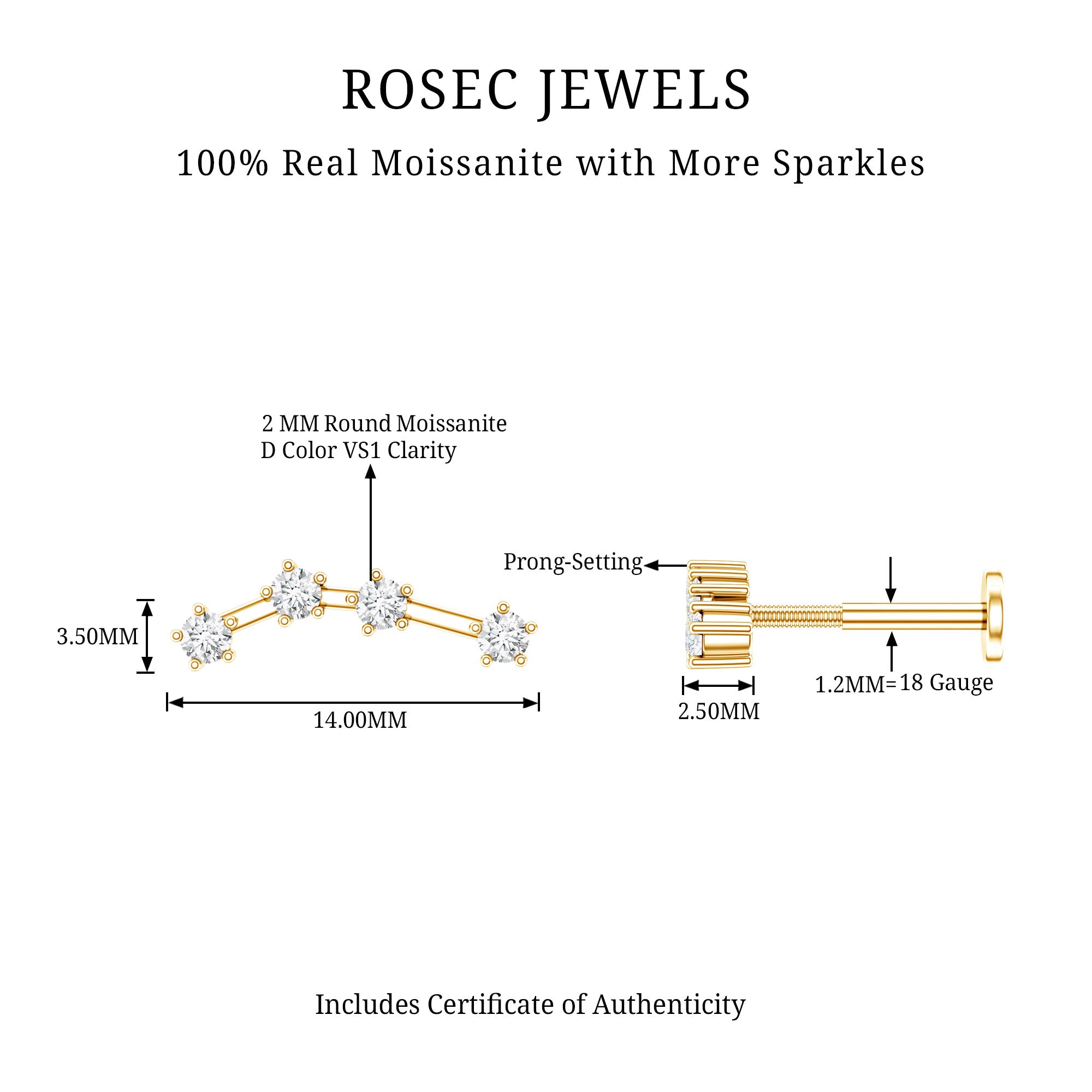 Moissanite Ear Climber Aquarius Earring D-VS1 - Rosec Jewels