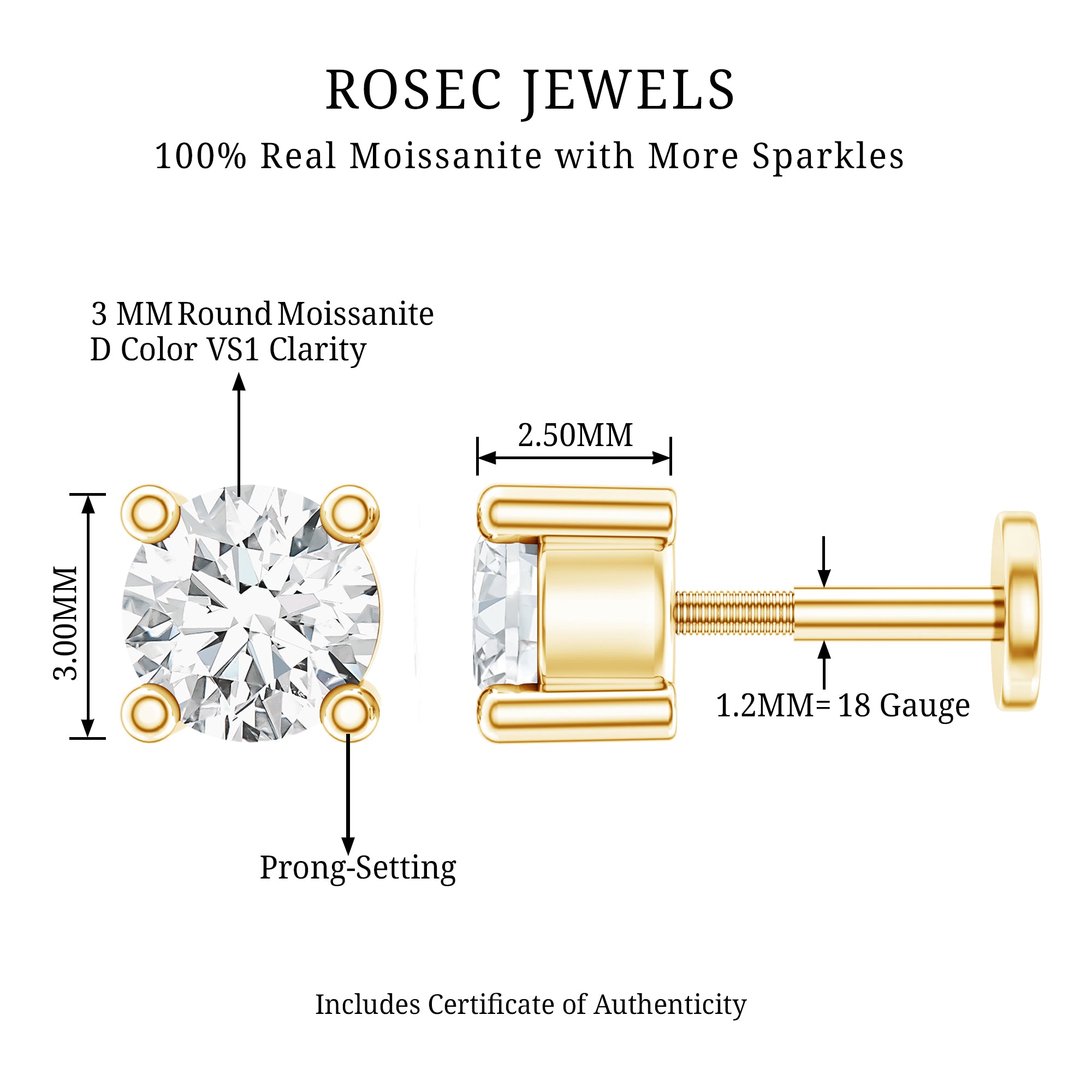 Dainty Moissanite Solitaire Conch Earring D-VS1 - Rosec Jewels