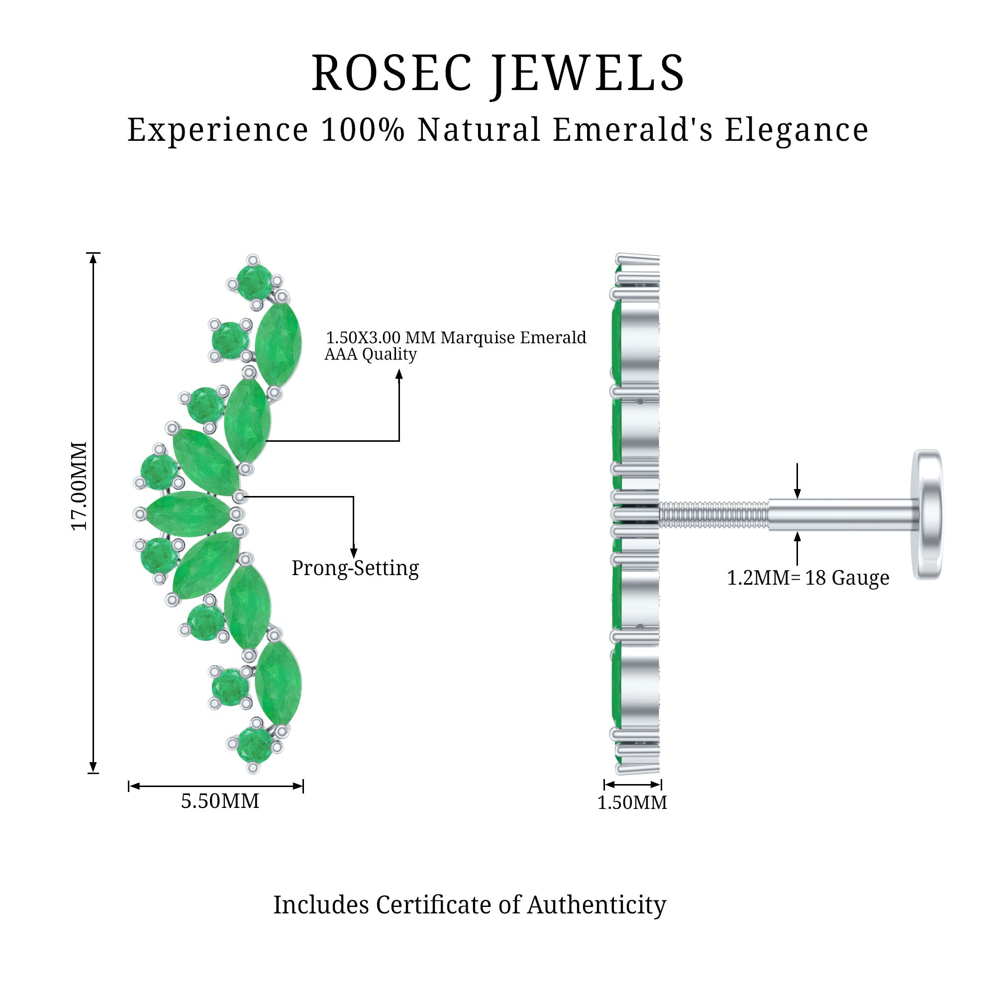 Natural Marquise Emerald Crawler Cartilage Earring AAA - Rosec Jewels