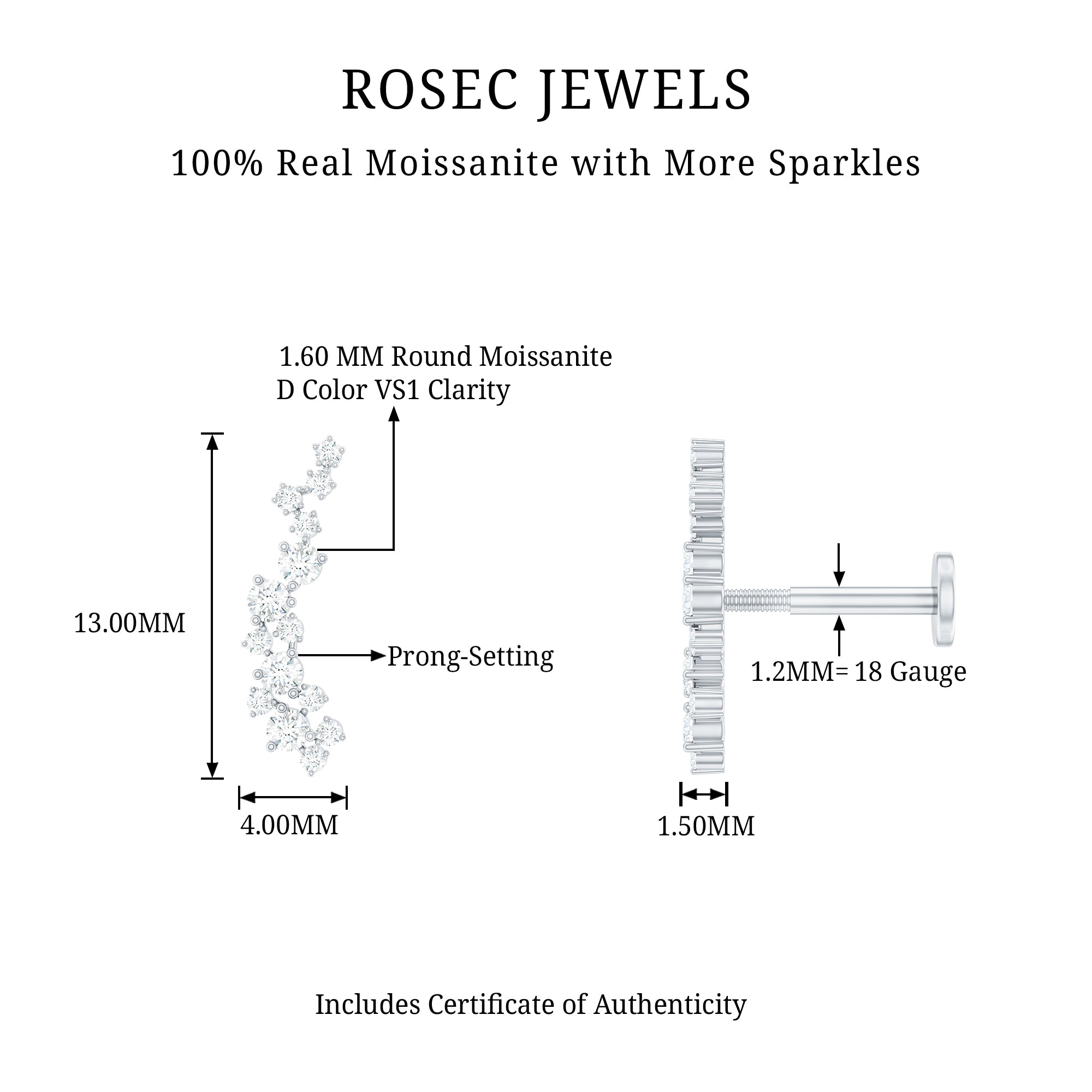 Certified Moissanite Cluster Crawler Earring For Her D-VS1 - Rosec Jewels
