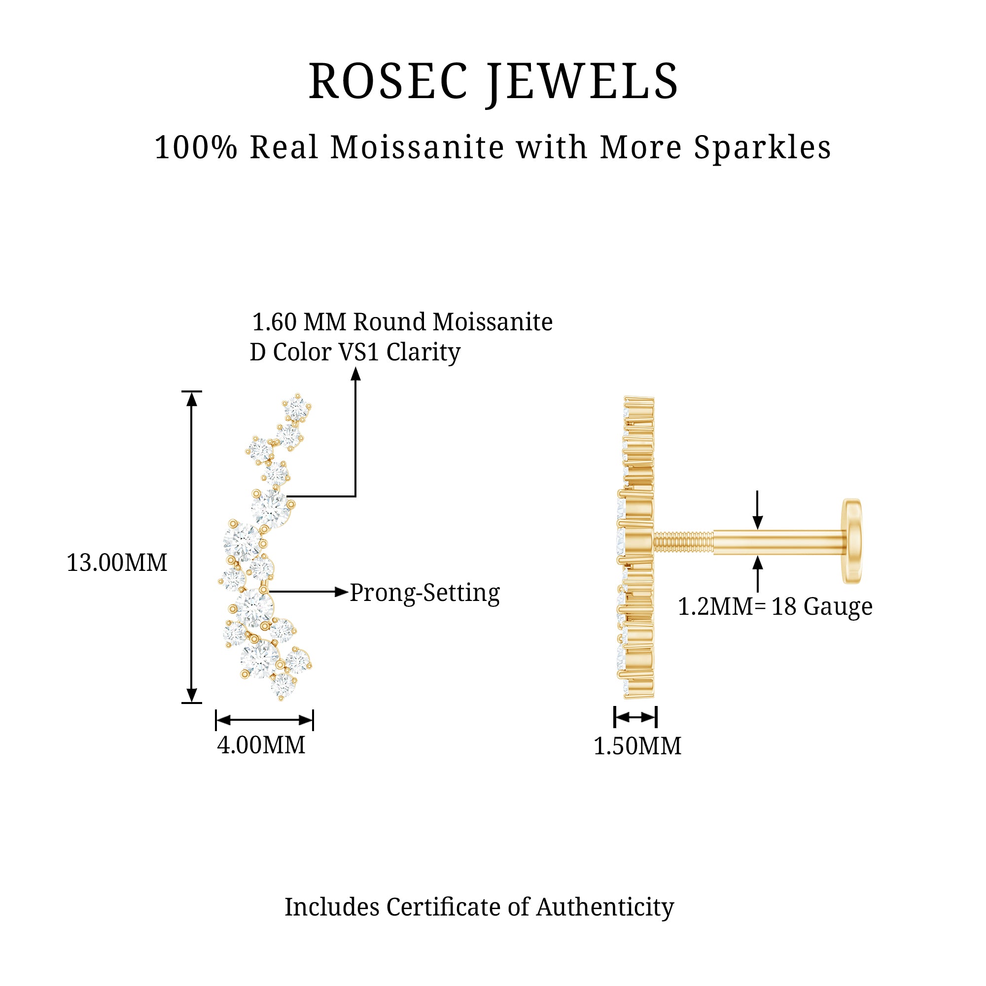 Certified Moissanite Cluster Crawler Earring For Her D-VS1 - Rosec Jewels