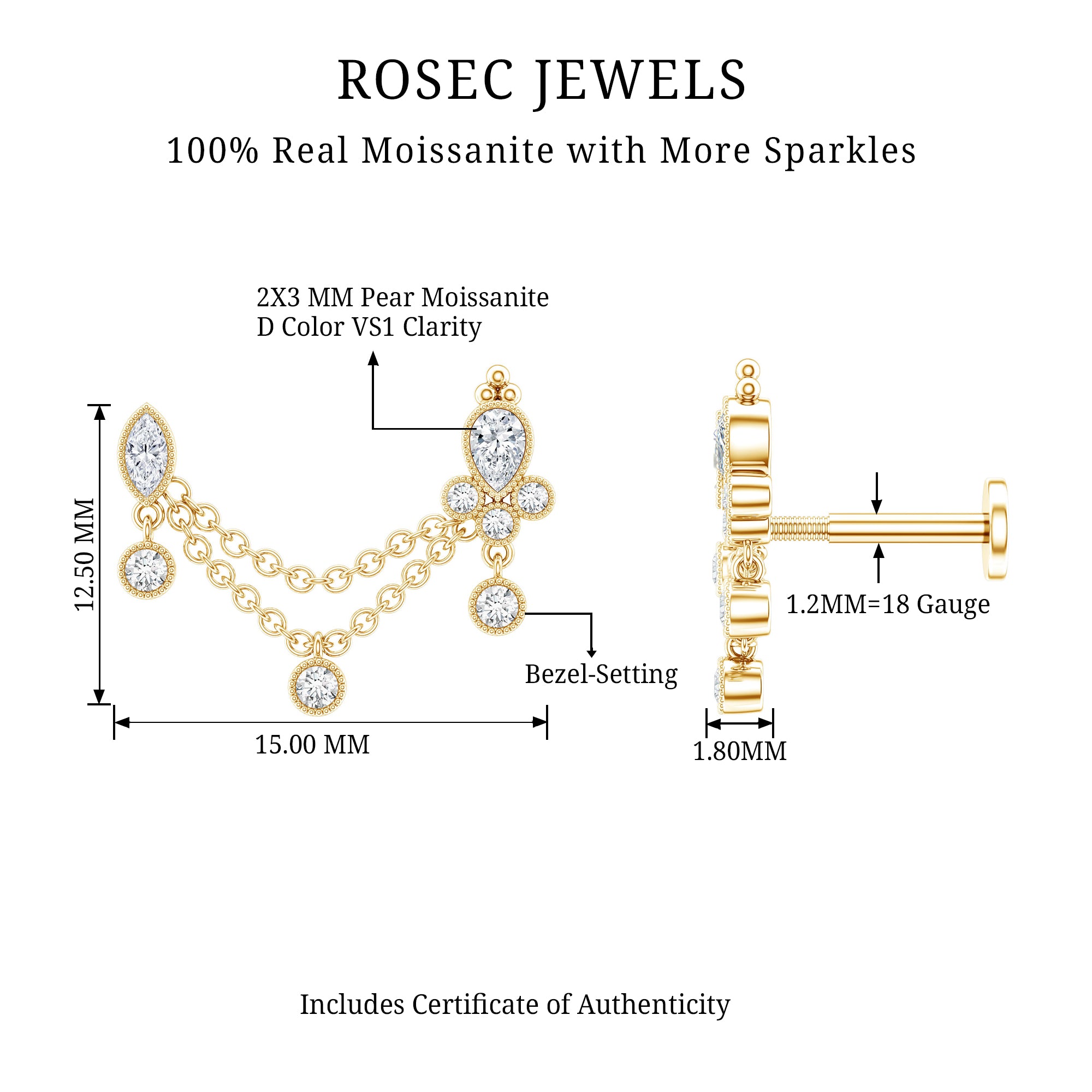 Certified Moissanite Double Chain Earring for Helix Piercing D-VS1 - Rosec Jewels