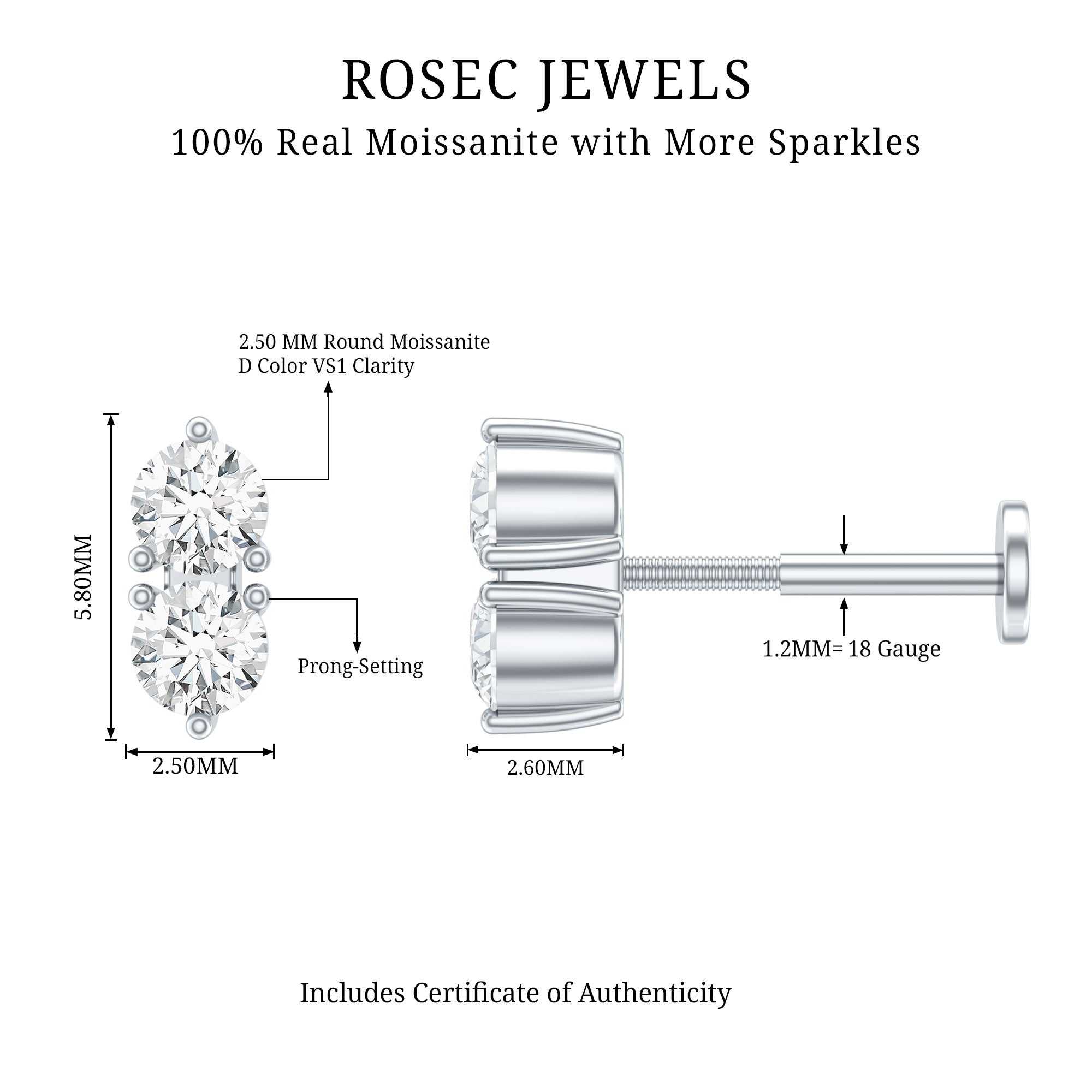 Minimalist Moissanite 2 Stone Earring for Tragus Piercing D-VS1 - Rosec Jewels