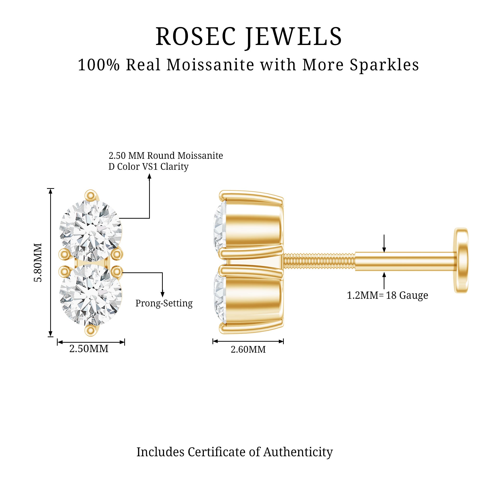 Minimalist Moissanite 2 Stone Earring for Tragus Piercing D-VS1 - Rosec Jewels