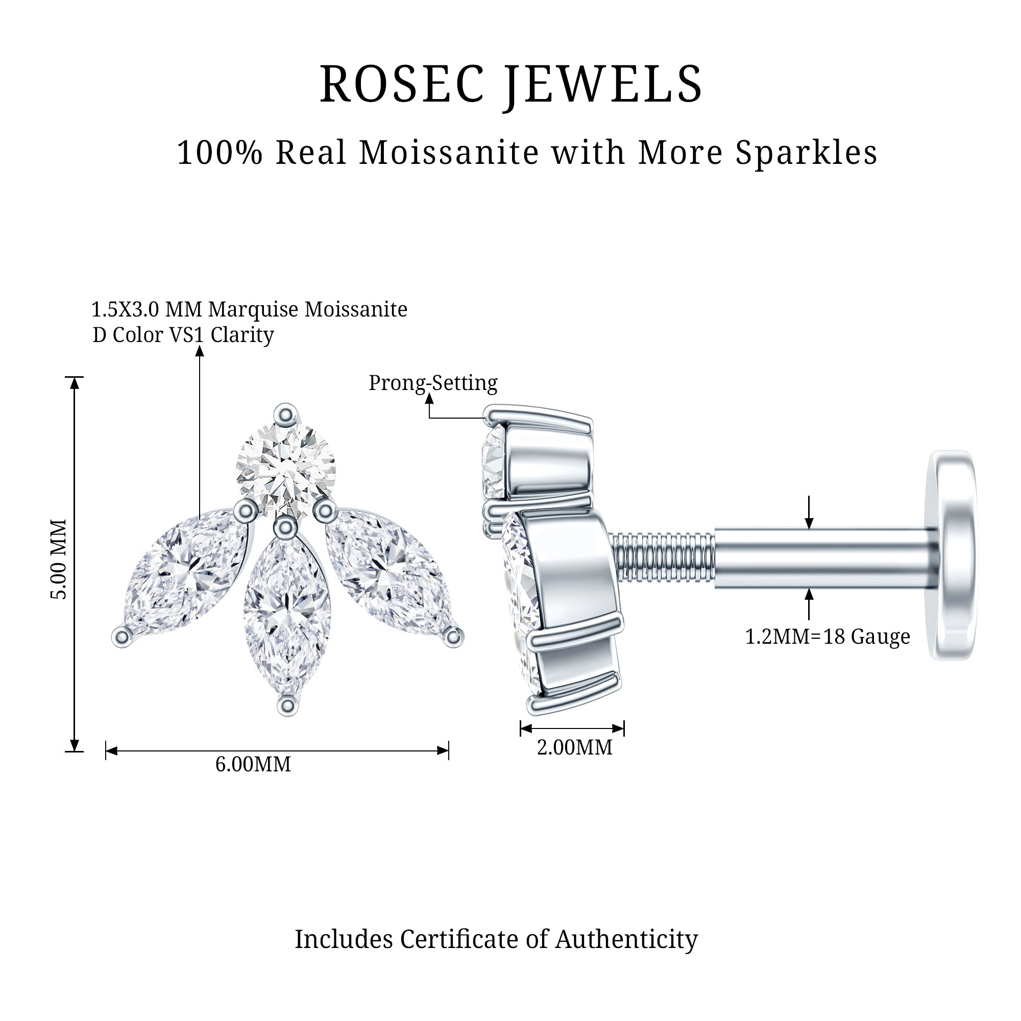 Certified Moissanite Leaf Piercing Earring D-VS1 - Rosec Jewels