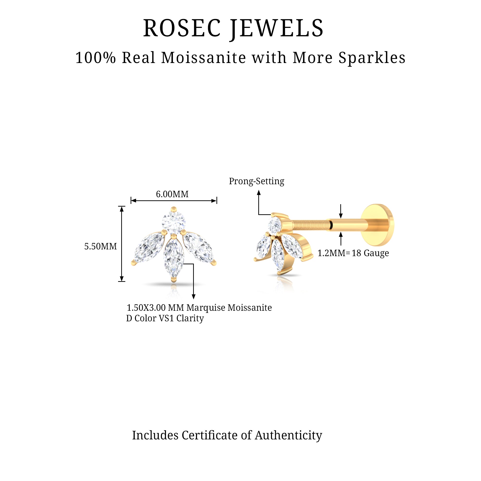 Certified Moissanite Leaf Piercing Earring D-VS1 - Rosec Jewels