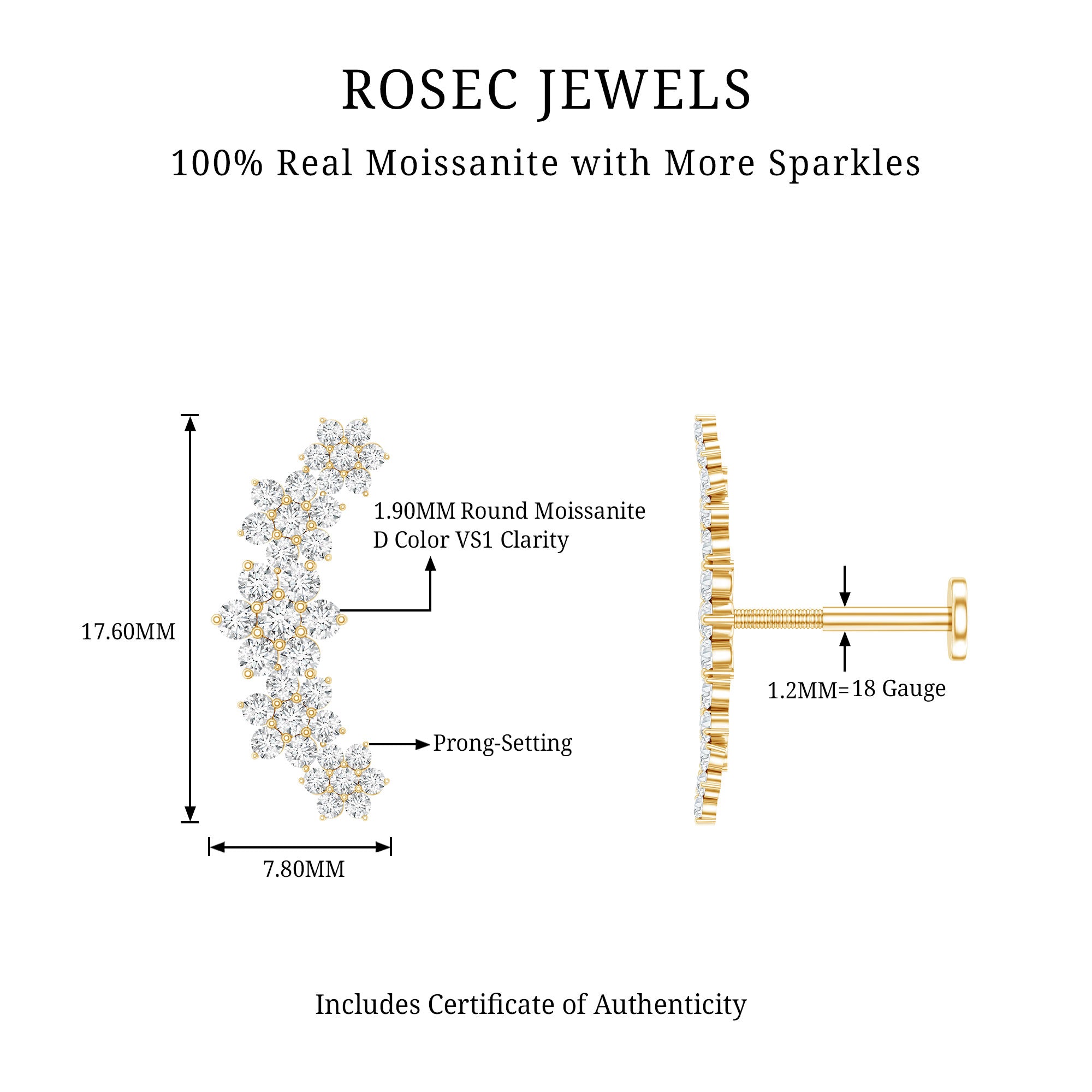 Exquisite Moissanite Flower Inspired Crawler Earring D-VS1 - Rosec Jewels
