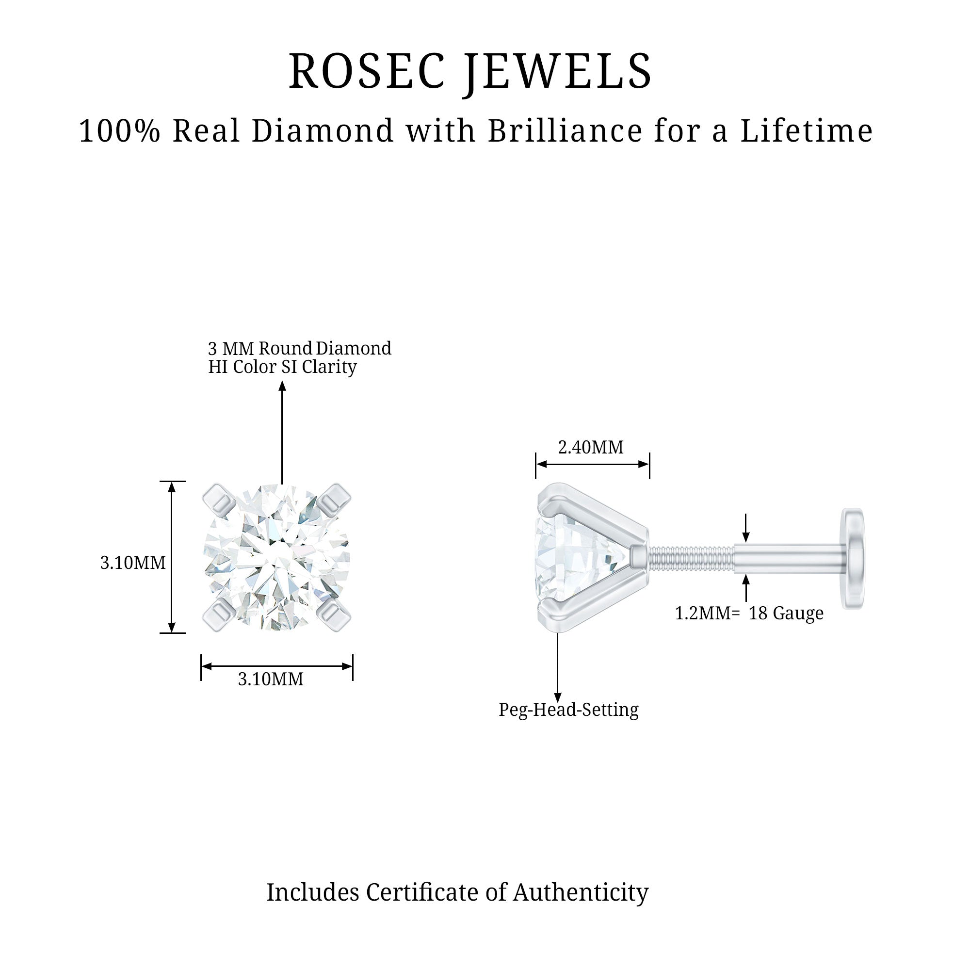 Minimalist Peg Head Set Diamond Nose Pin Stud Natural - ( HI-SI ) - Rosec Jewels