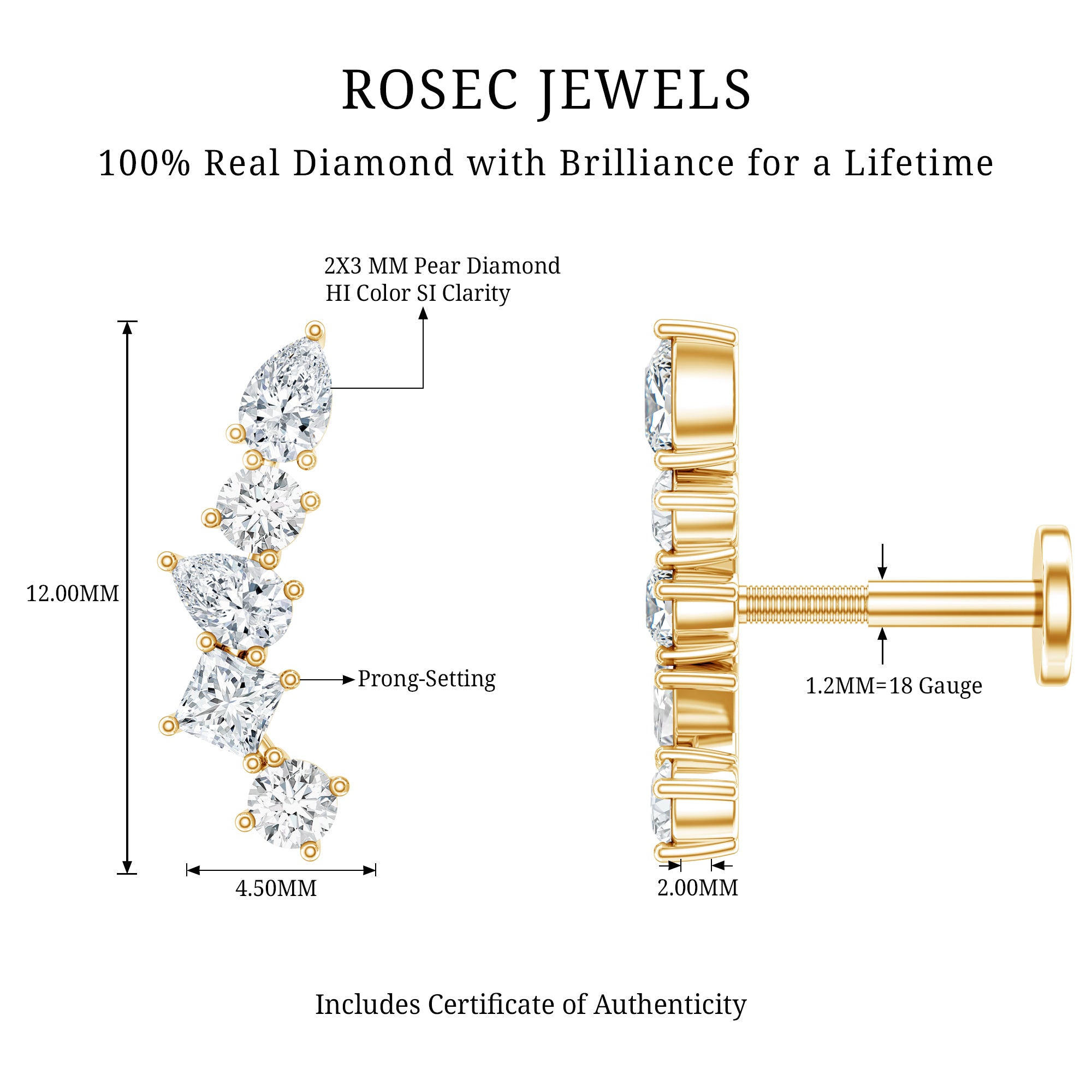 Unique Diamond Crawler Earring for Helix Piercing Natural - ( HI-SI ) - Rosec Jewels