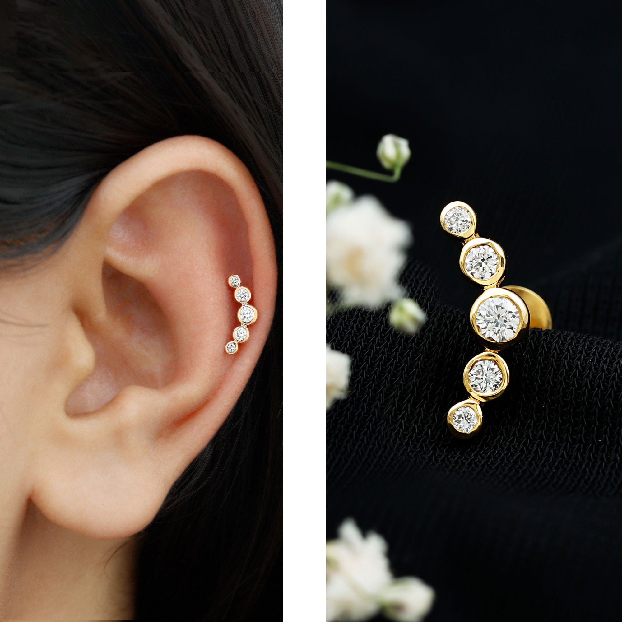 Graduated Diamond Ear Climber Earring in Bezel Setting Natural - ( HI-SI ) - Rosec Jewels