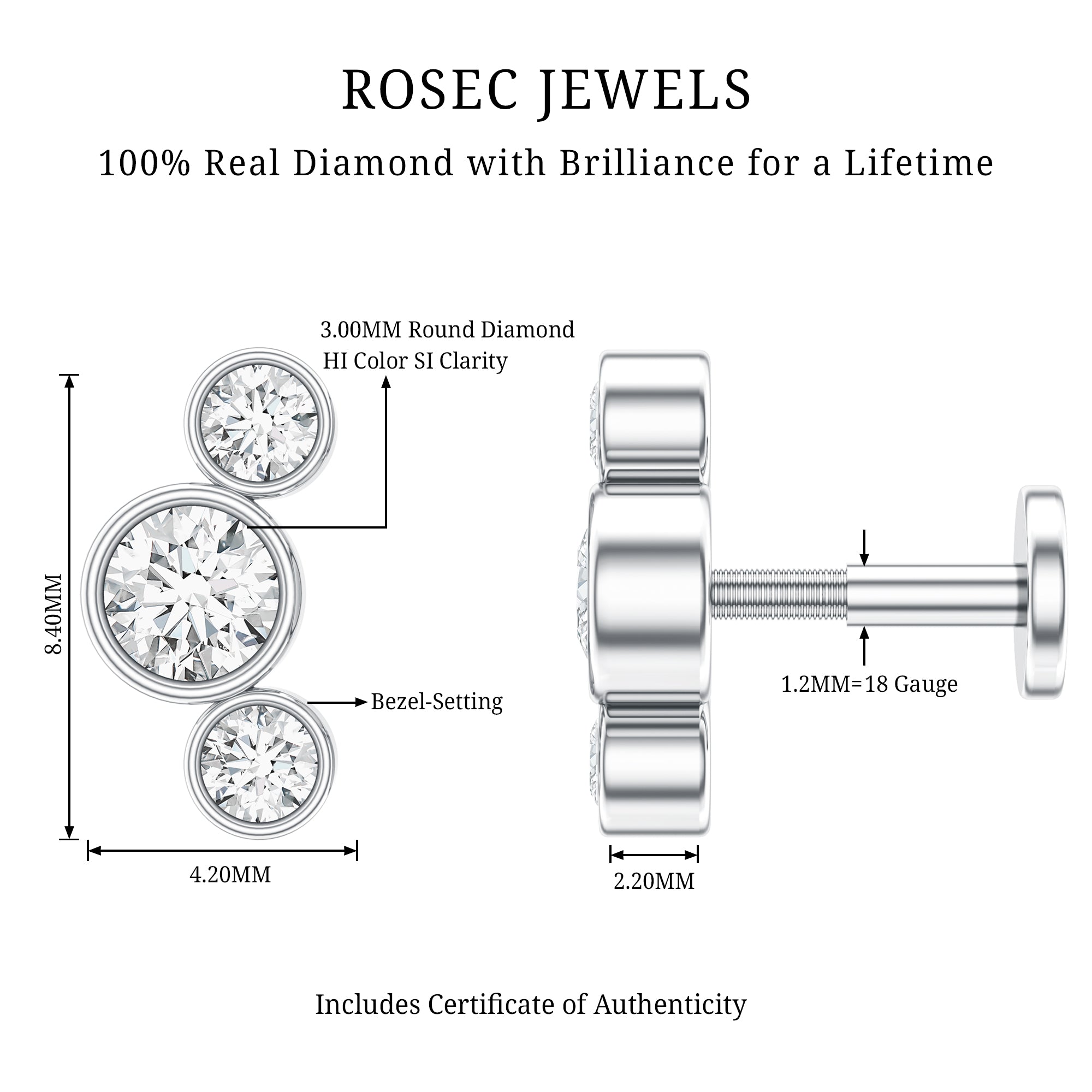 Bezel Set Diamond Three Stone Earring for Helix Piercing Natural - ( HI-SI ) - Rosec Jewels