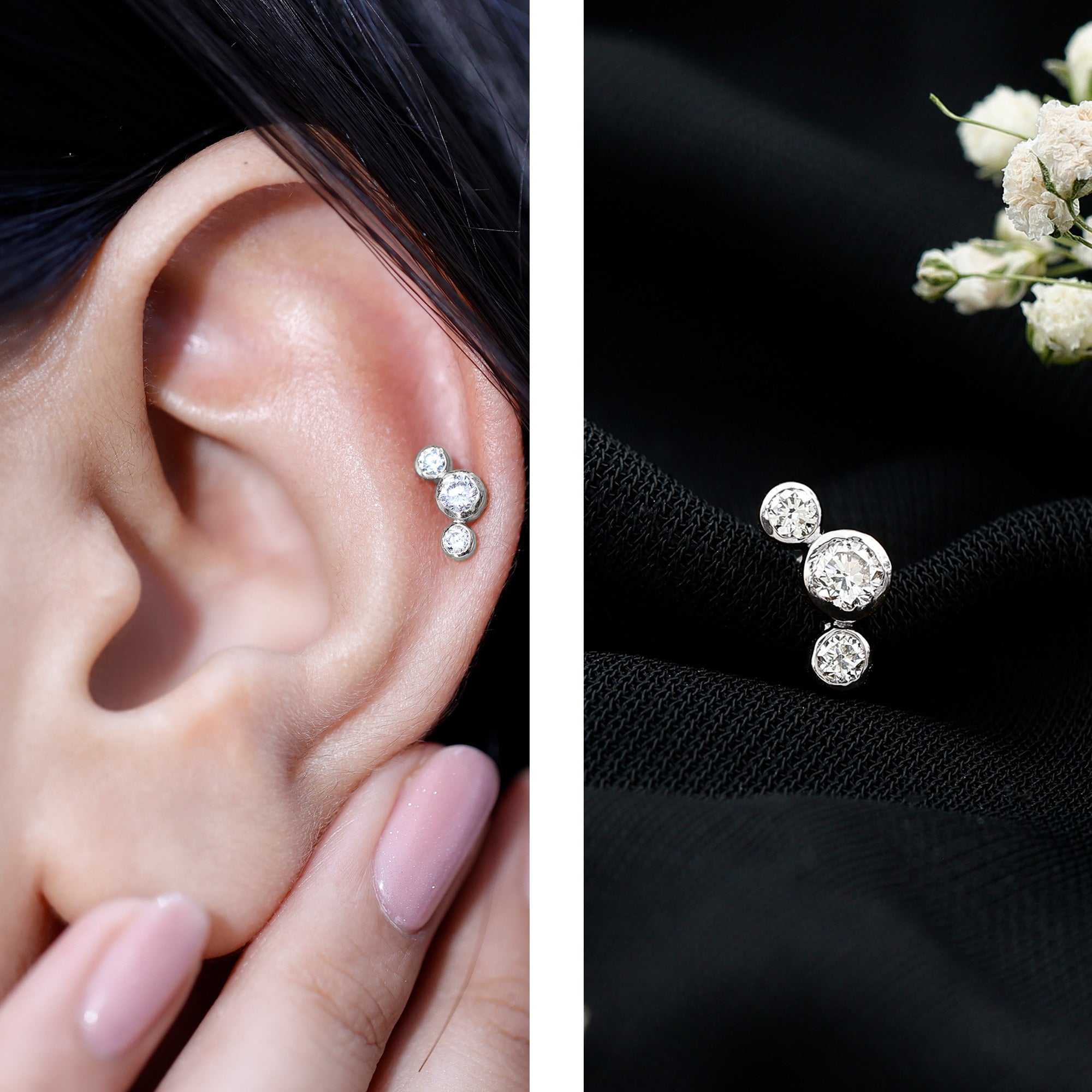 Bezel Set Diamond Three Stone Earring for Helix Piercing Natural - ( HI-SI ) - Rosec Jewels