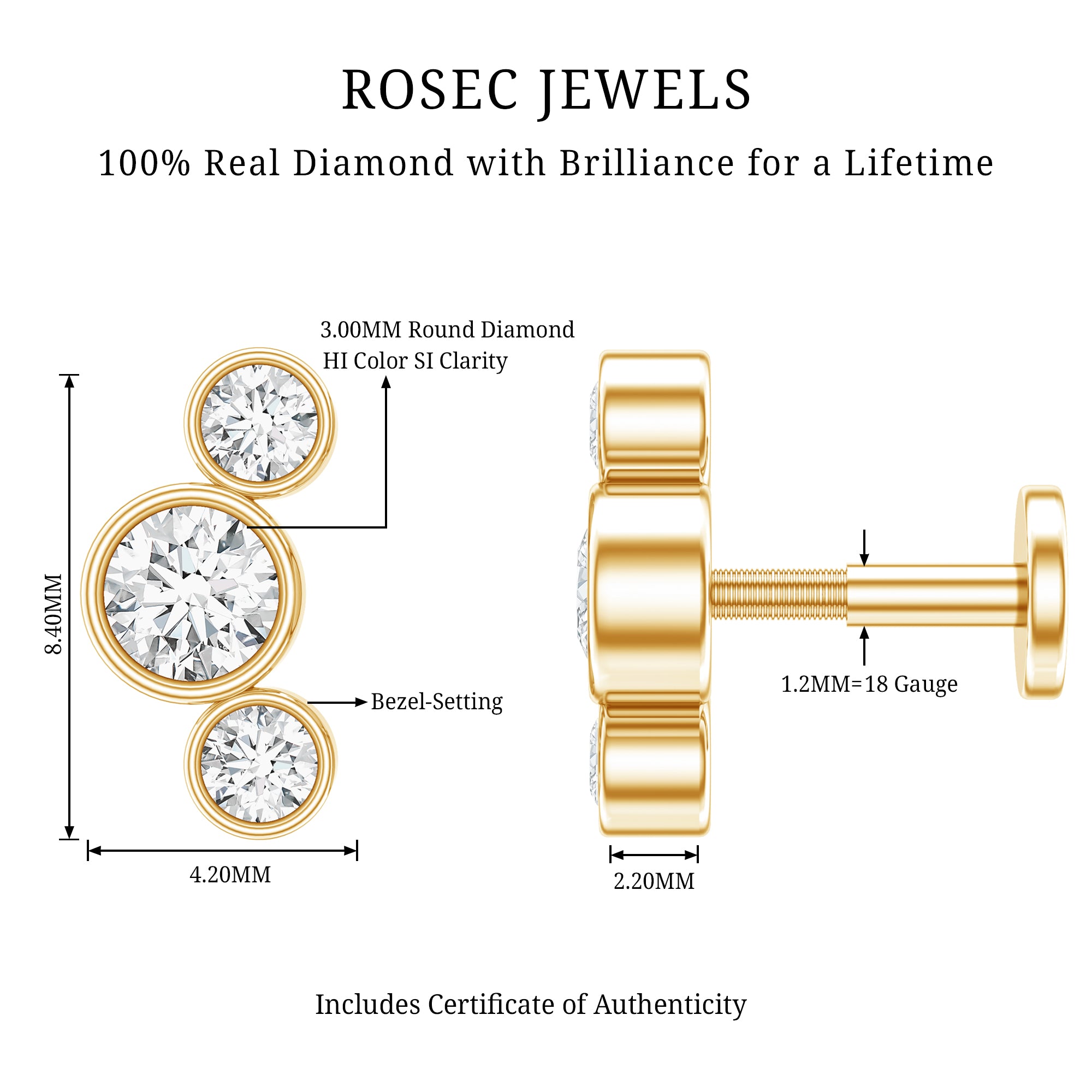Bezel Set Diamond Three Stone Earring for Helix Piercing Natural - ( HI-SI ) - Rosec Jewels