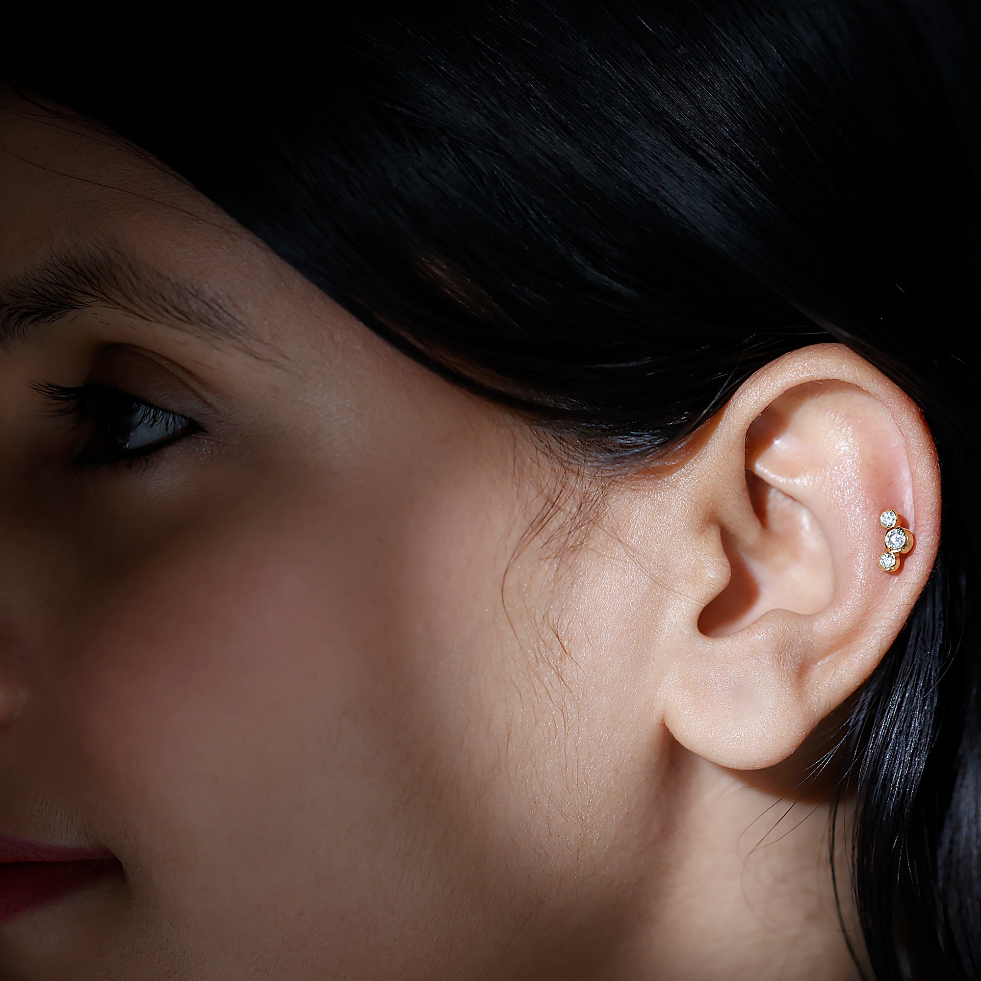 Bezel Set Diamond Three Stone Earring for Helix Piercing Natural - ( HI-SI ) - Rosec Jewels
