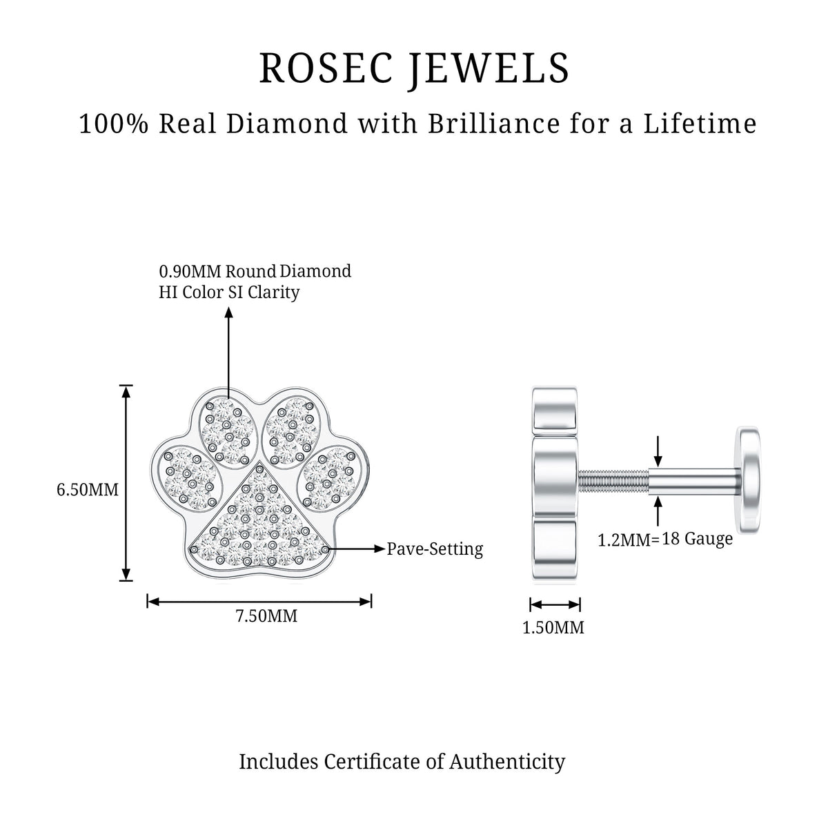 Certified Diamond Paw Cartilage Earring Natural - ( HI-SI ) - Rosec Jewels