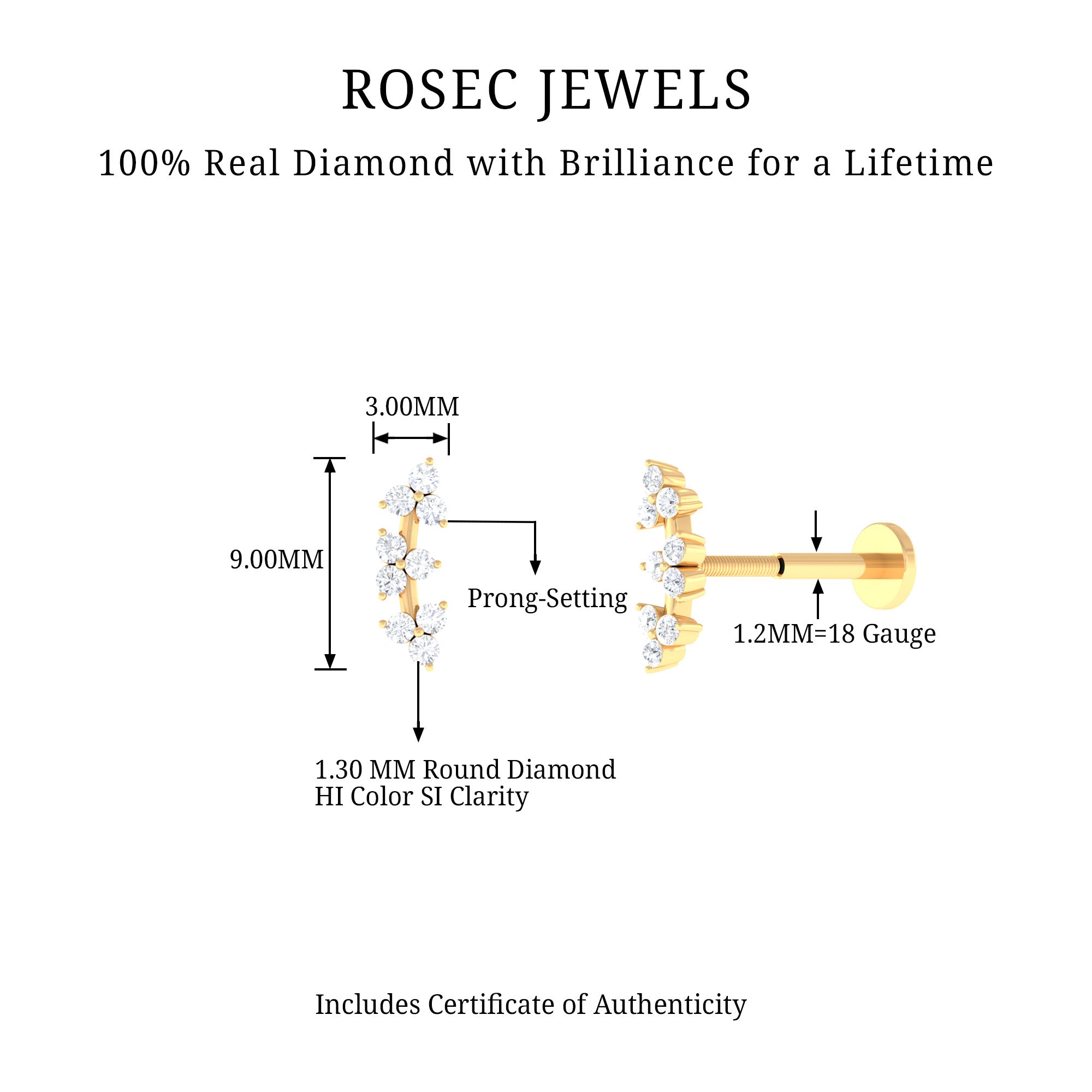 Simple Diamond Curved Helix Earring with Flat Back Natural - ( HI-SI ) - Rosec Jewels