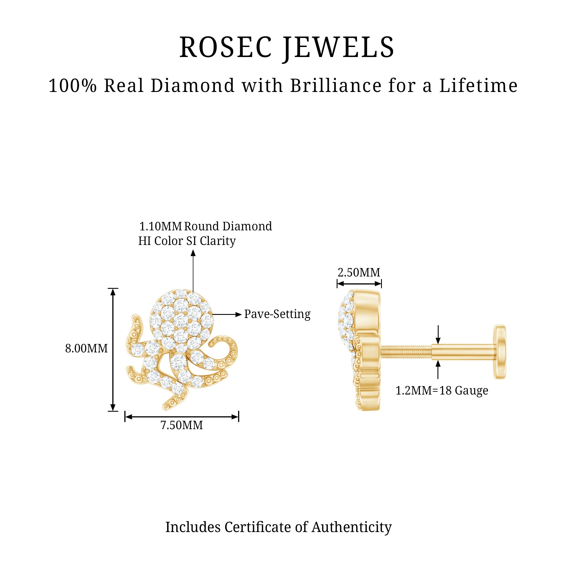 Diamond Octopus Earring with Flat Back Natural - ( HI-SI ) - Rosec Jewels