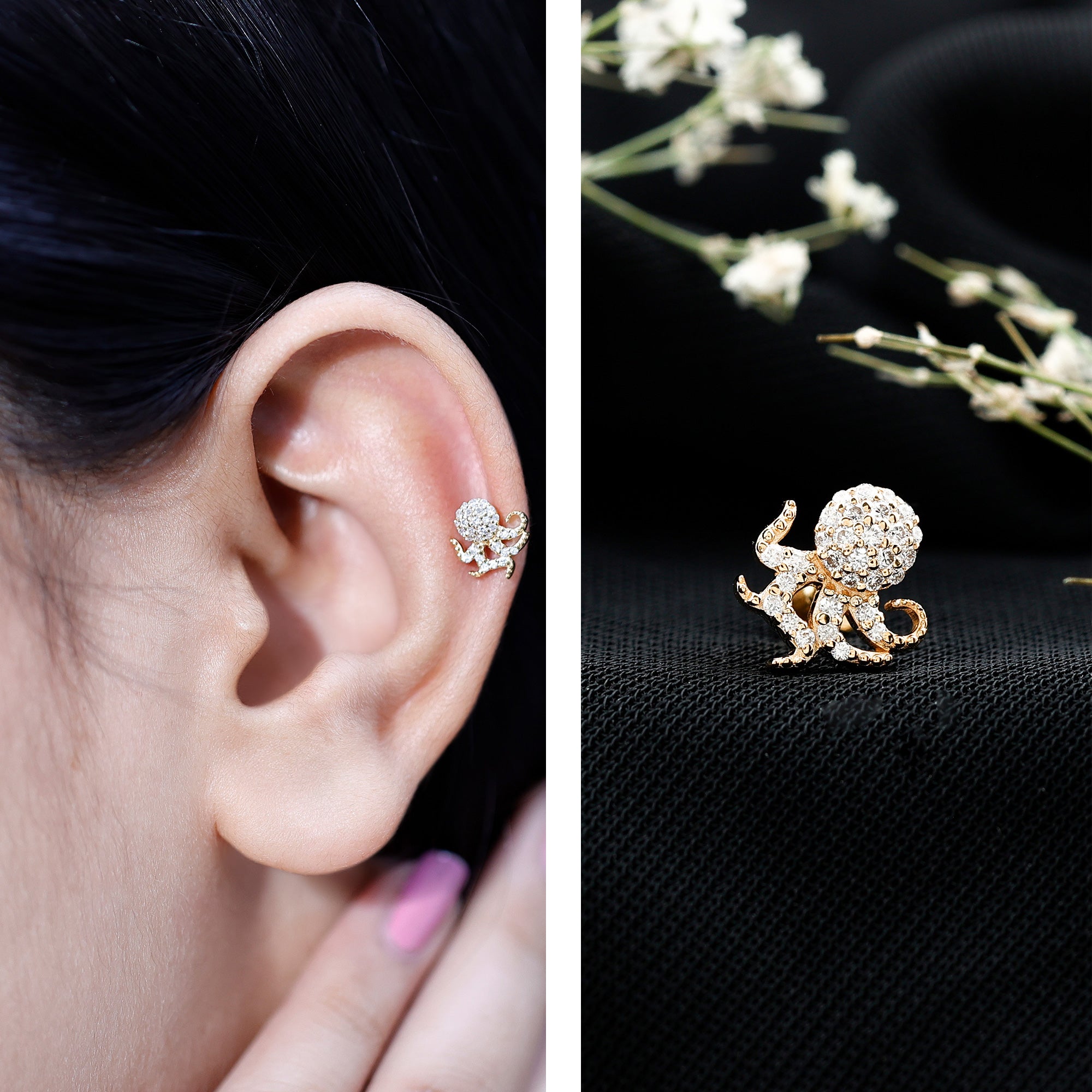 Diamond Octopus Earring with Flat Back Natural - ( HI-SI ) - Rosec Jewels