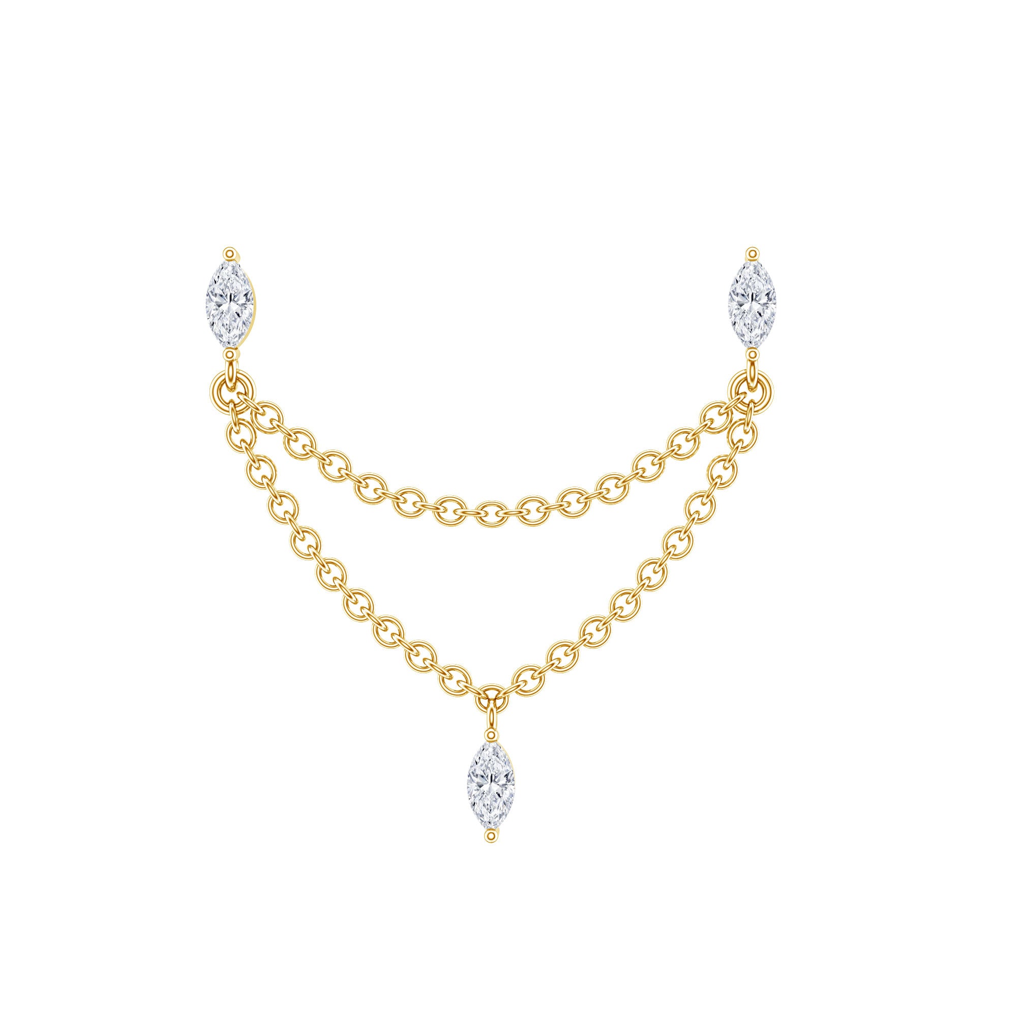 Marquise Diamond Double Piercing Earring with Dangling Chain Natural - ( HI-SI ) - Rosec Jewels