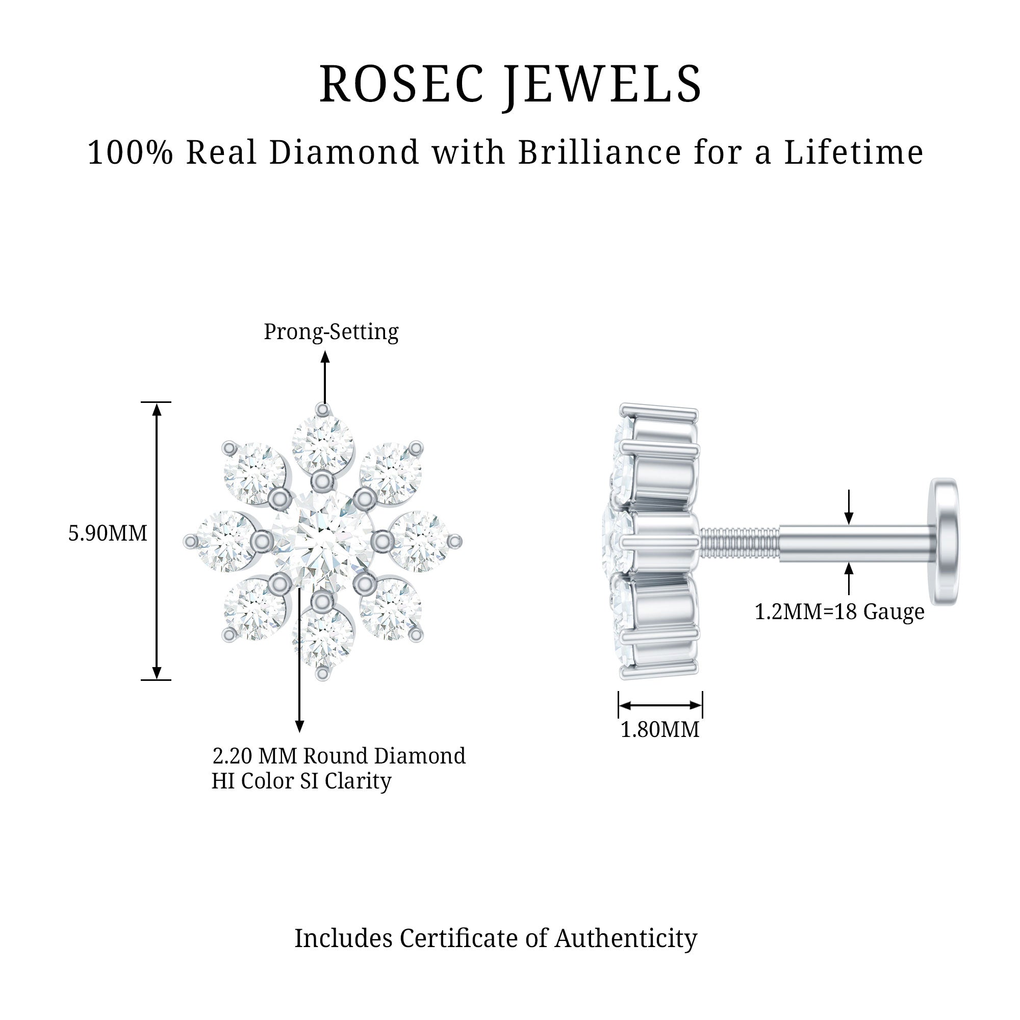 Sparkling Diamond Flower Cartilage Earring with Flat Back Natural - ( HI-SI ) - Rosec Jewels