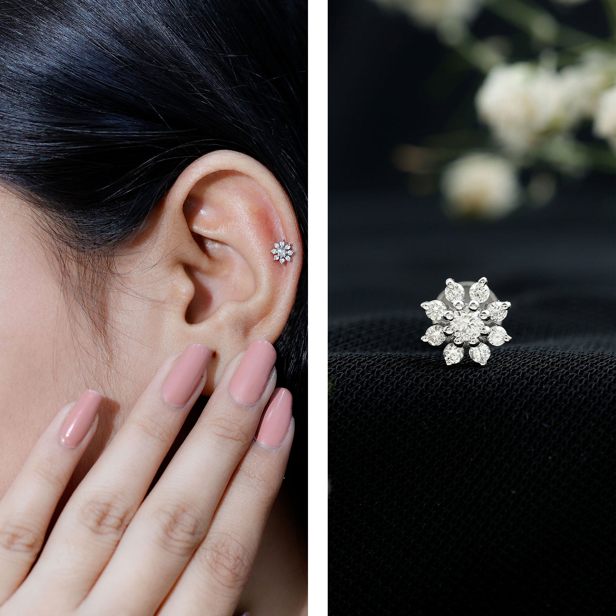 Sparkling Diamond Flower Cartilage Earring with Flat Back Natural - ( HI-SI ) - Rosec Jewels