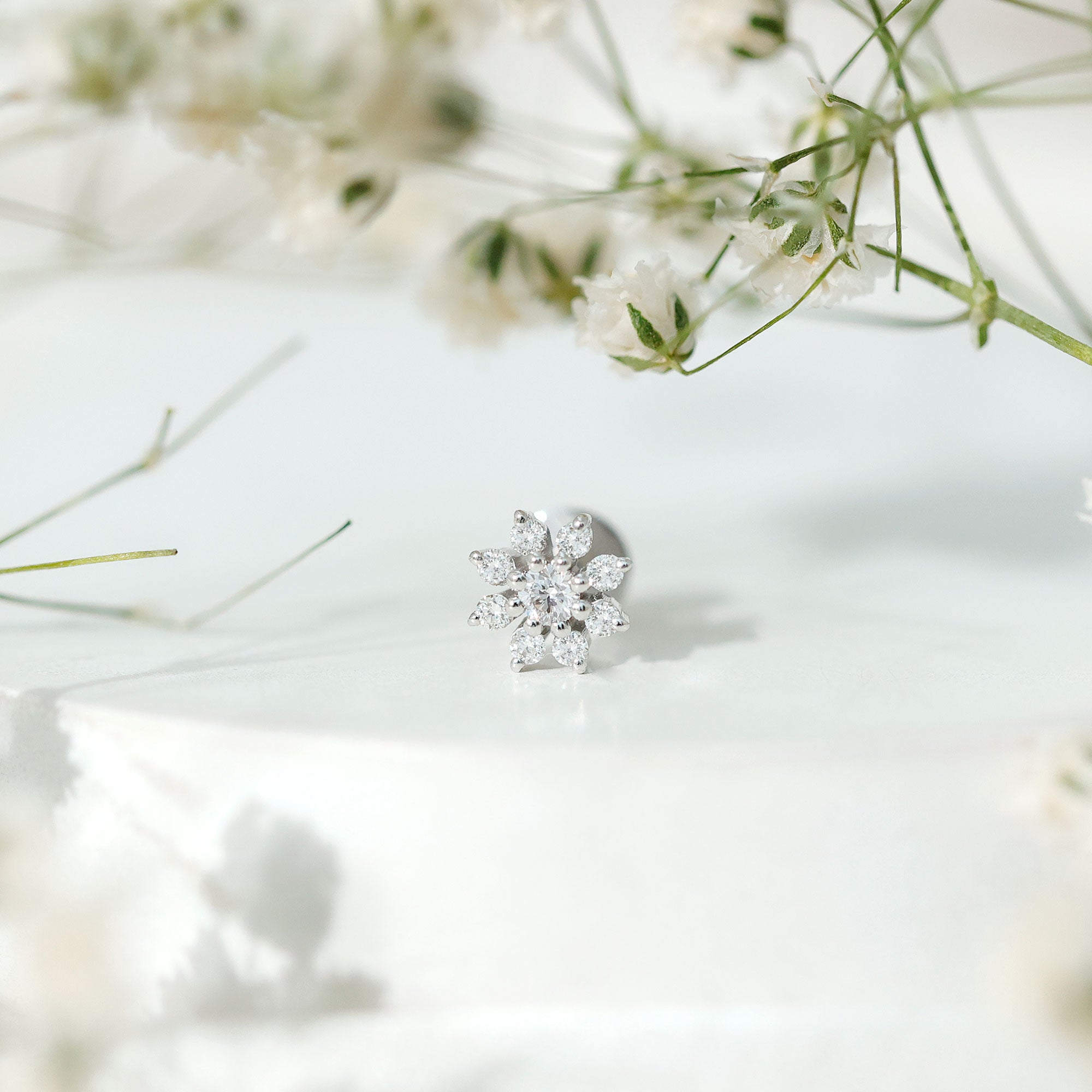 Sparkling Diamond Flower Cartilage Earring with Flat Back Natural - ( HI-SI ) - Rosec Jewels