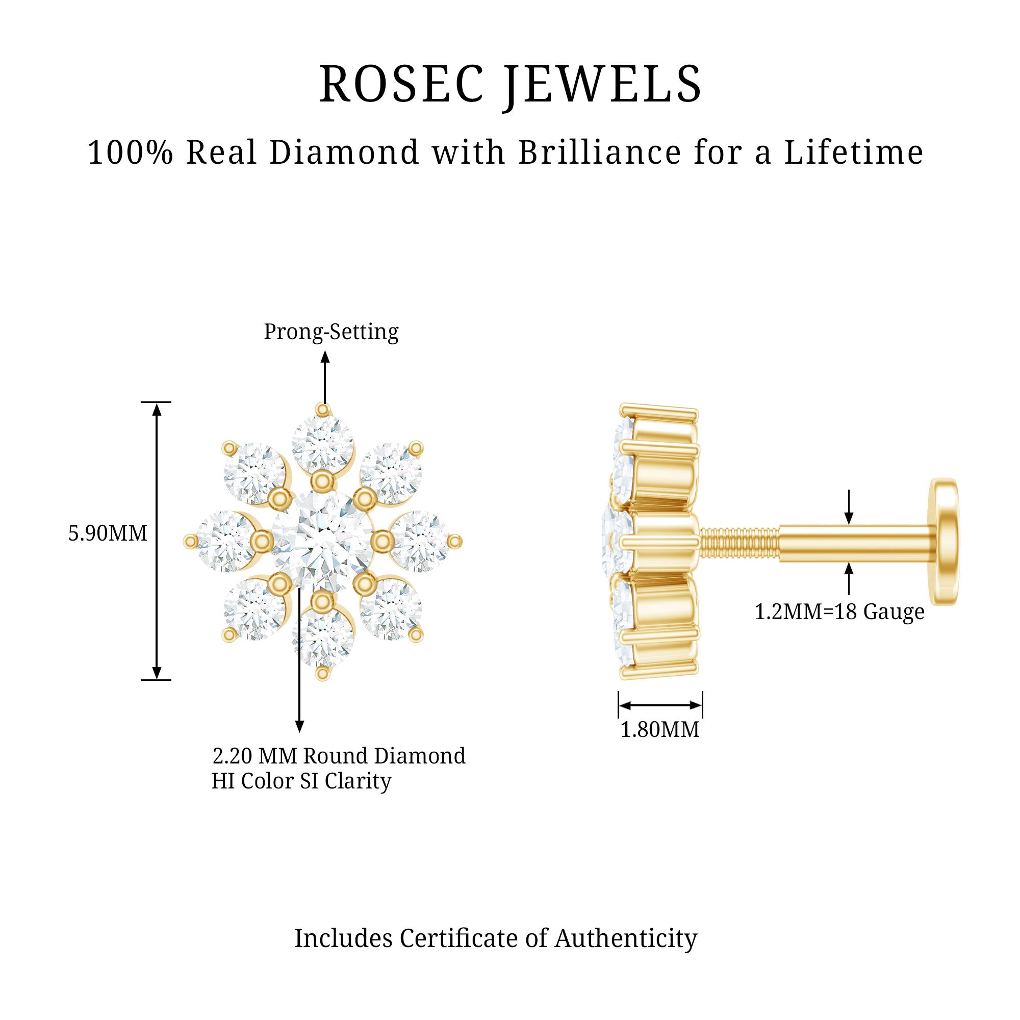 Sparkling Diamond Flower Cartilage Earring with Flat Back Natural - ( HI-SI ) - Rosec Jewels