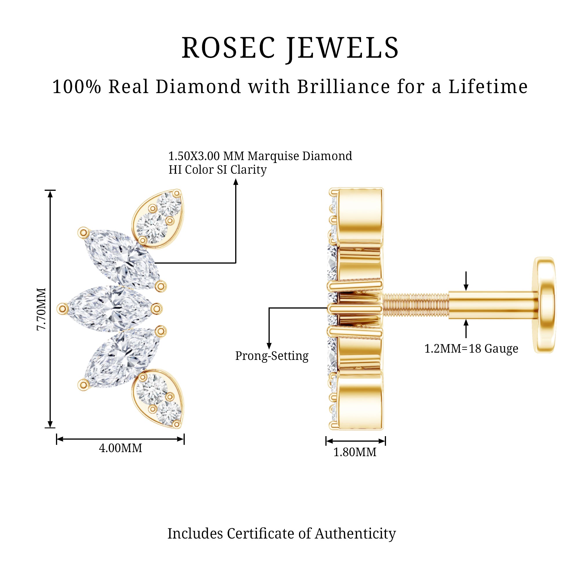 Marquise Diamond Leaf Crawler Earring for Helix Piercing Natural - ( HI-SI ) - Rosec Jewels