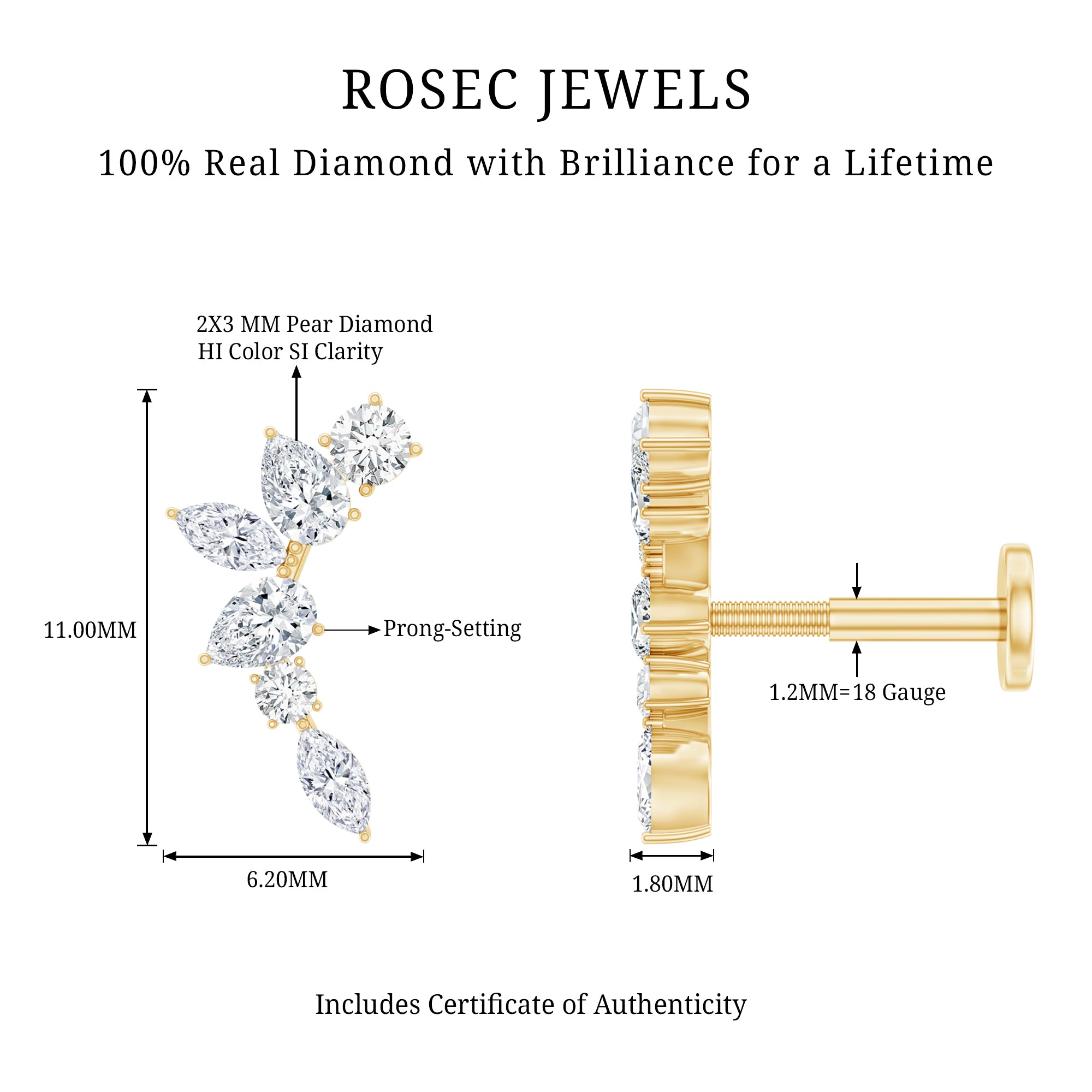 Unique Diamond Ear Crawler Earring for Helix Piercing Natural - ( HI-SI ) - Rosec Jewels