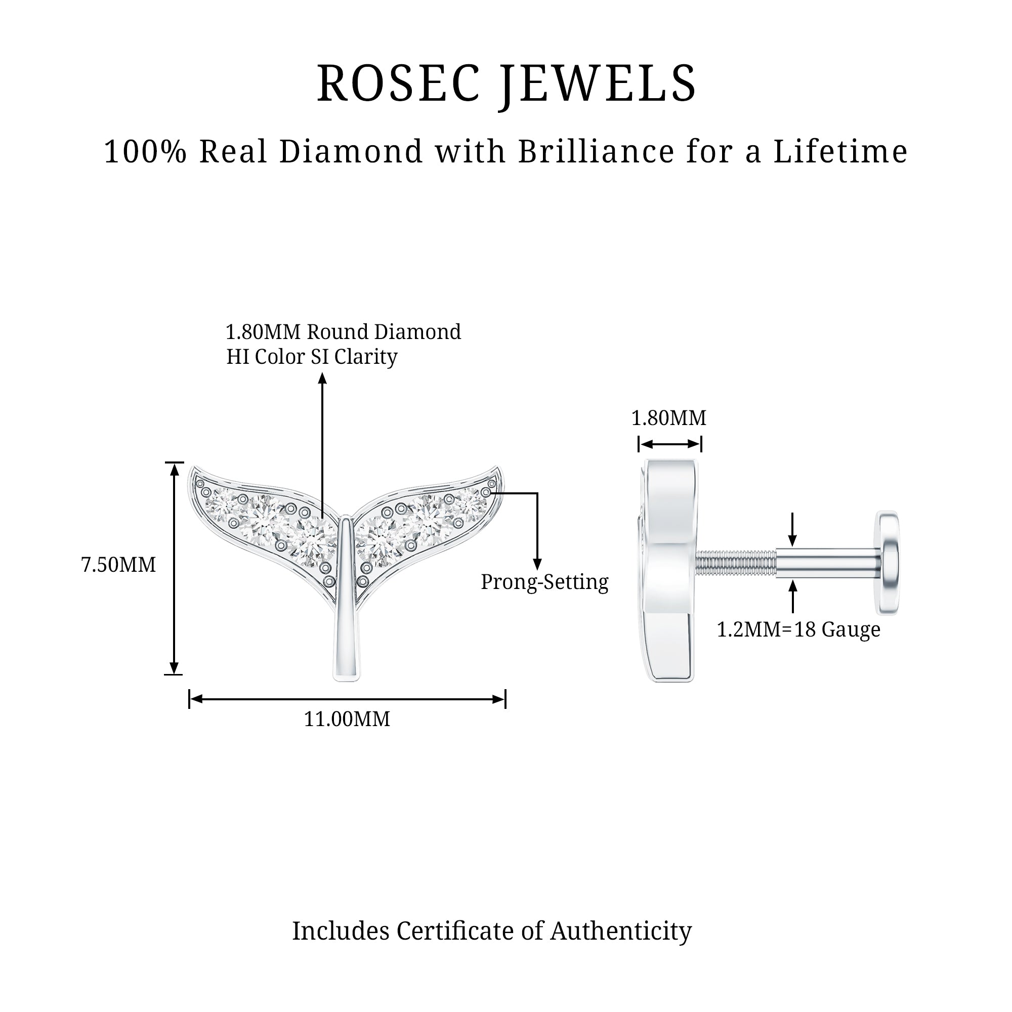 Certified Diamond Whale Tail Earring for Helix Piercing Natural - ( HI-SI ) - Rosec Jewels