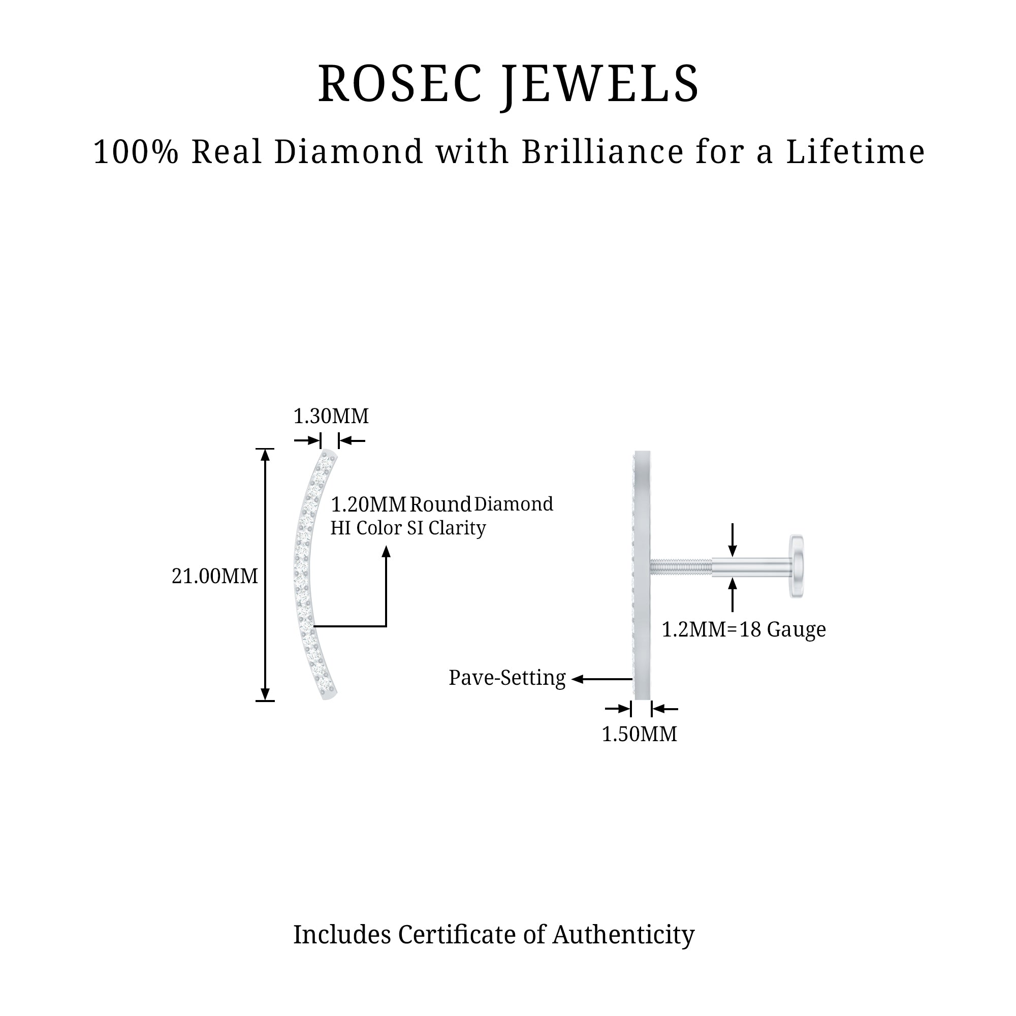 Pave Set Diamond Curved Bar Earring for Cartilage Piercing Natural - ( HI-SI ) - Rosec Jewels