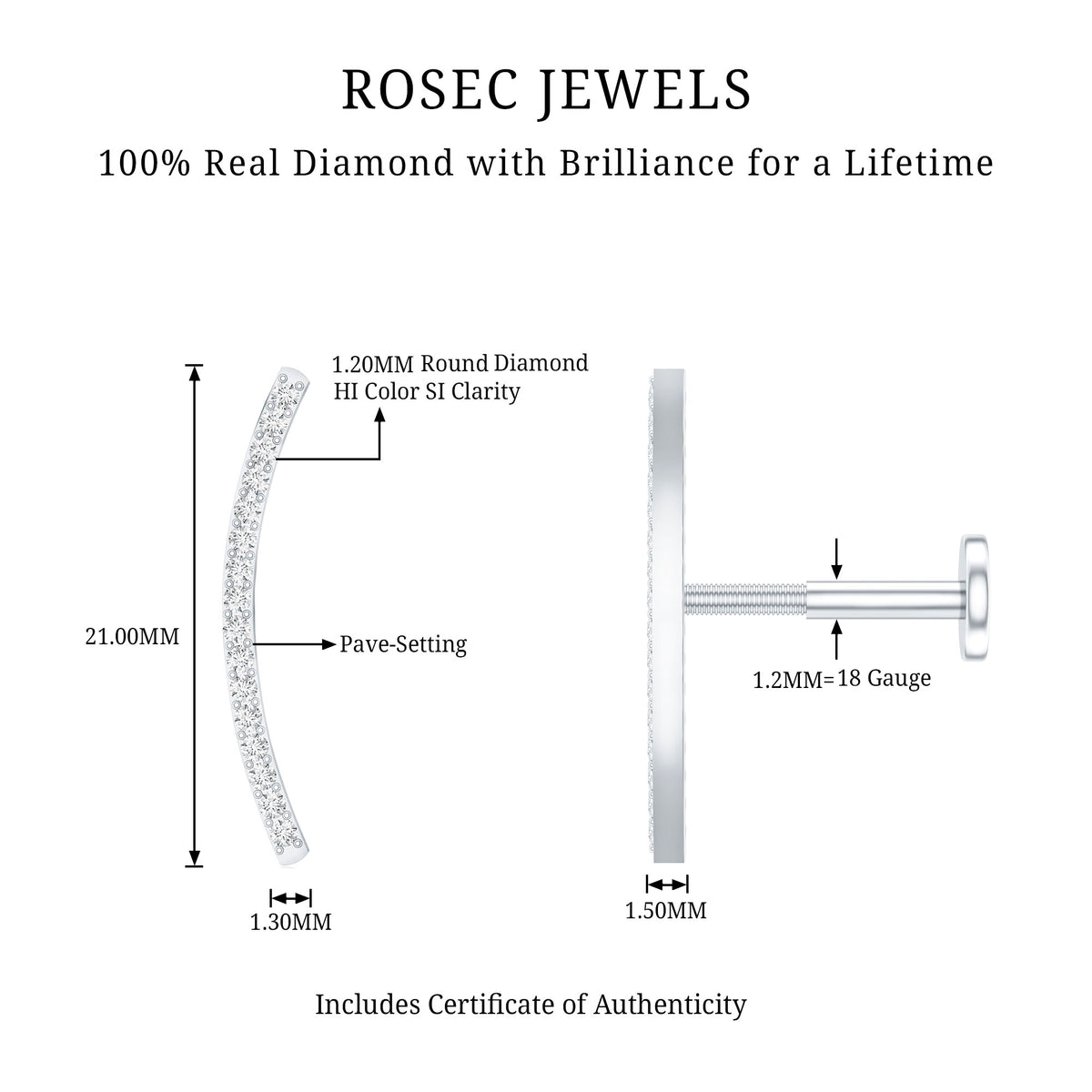 Pave Set Diamond Curved Bar Earring for Cartilage Piercing Natural - ( HI-SI ) - Rosec Jewels