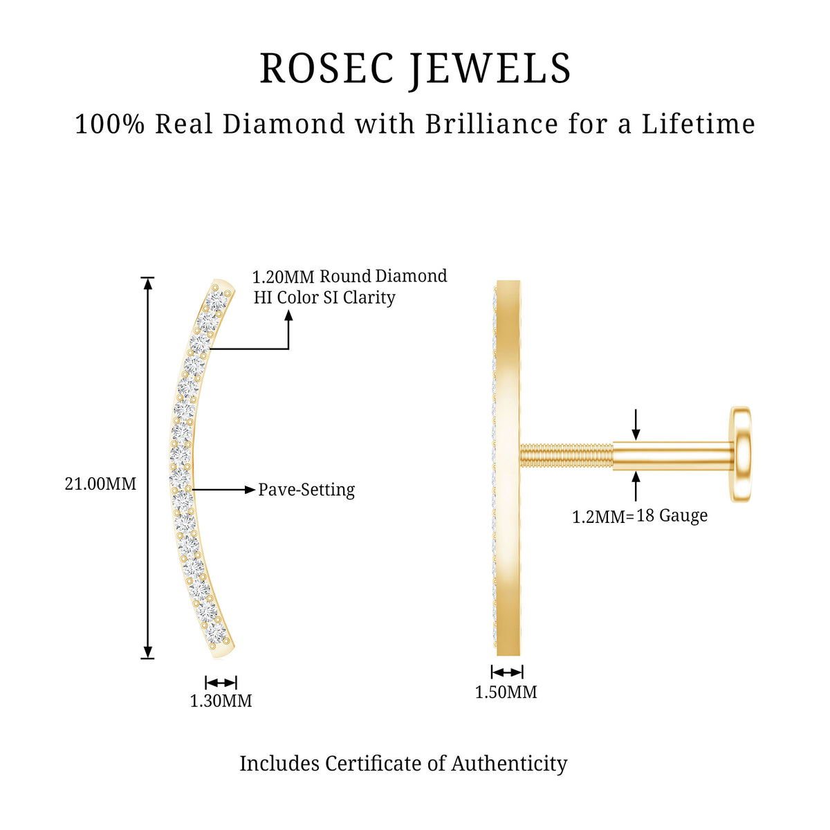 Pave Set Diamond Curved Bar Earring for Cartilage Piercing Natural - ( HI-SI ) - Rosec Jewels