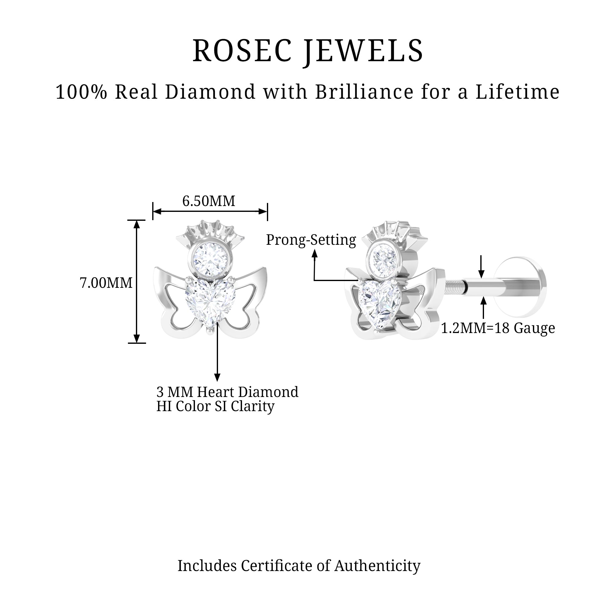 Heart Diamond Angel Earring for Helix Piercing Natural - ( HI-SI ) - Rosec Jewels
