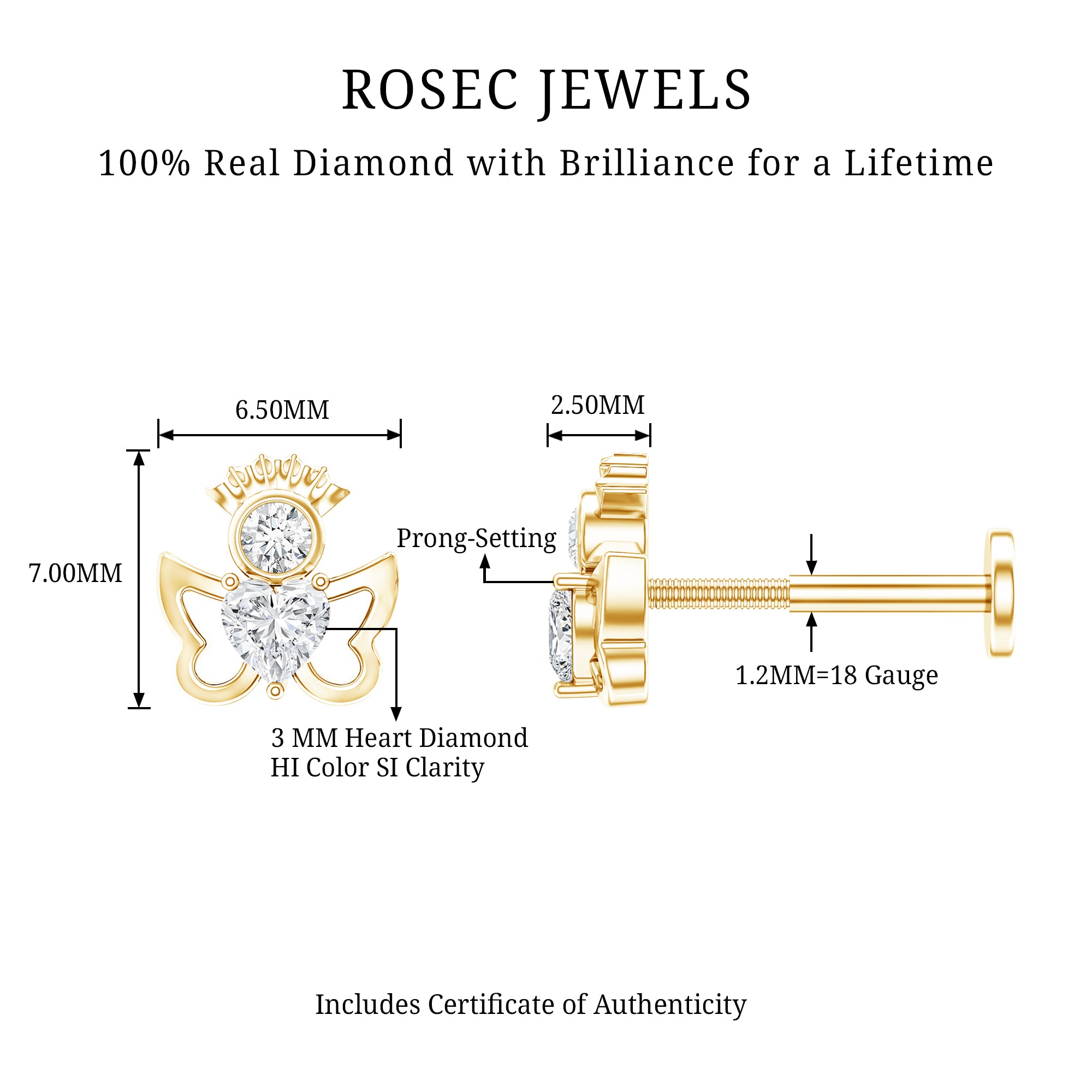 Heart Diamond Angel Earring for Helix Piercing Natural - ( HI-SI ) - Rosec Jewels