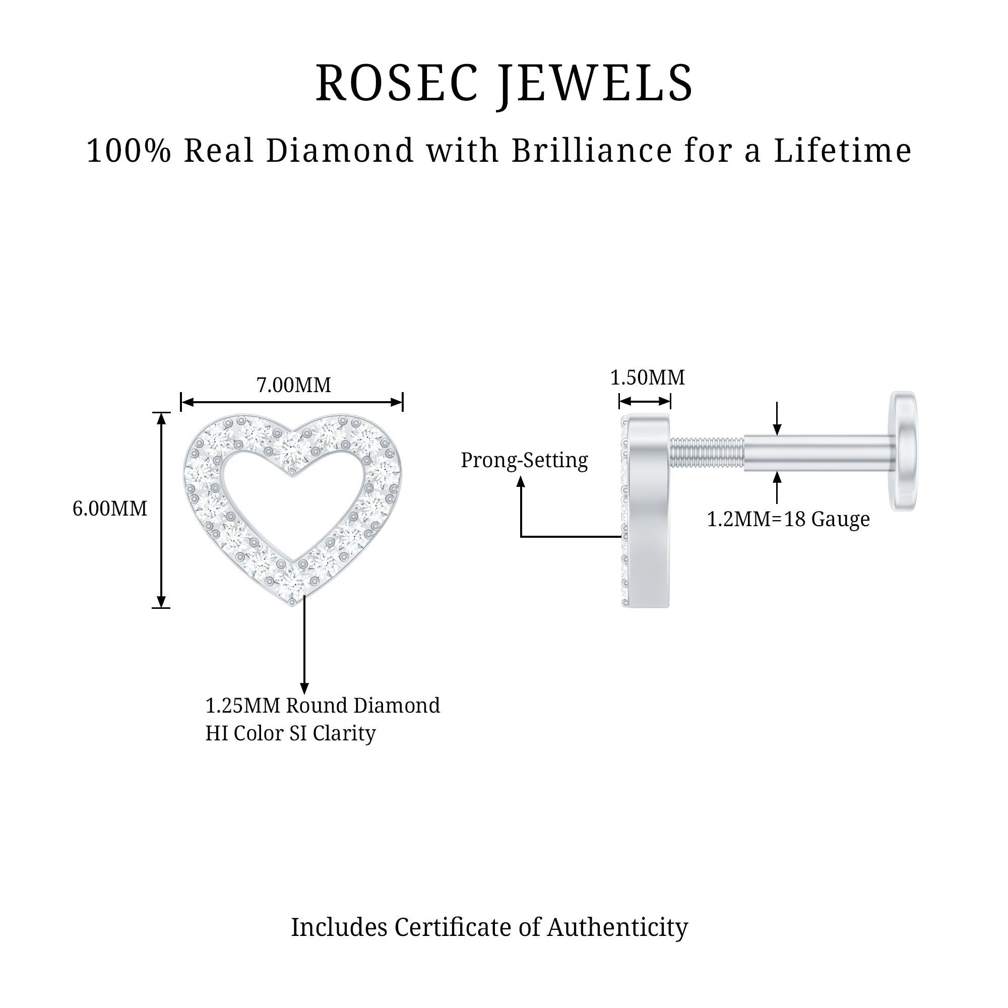 Cute Diamond Open Heart Earring for Helix Piercing Natural - ( HI-SI ) - Rosec Jewels
