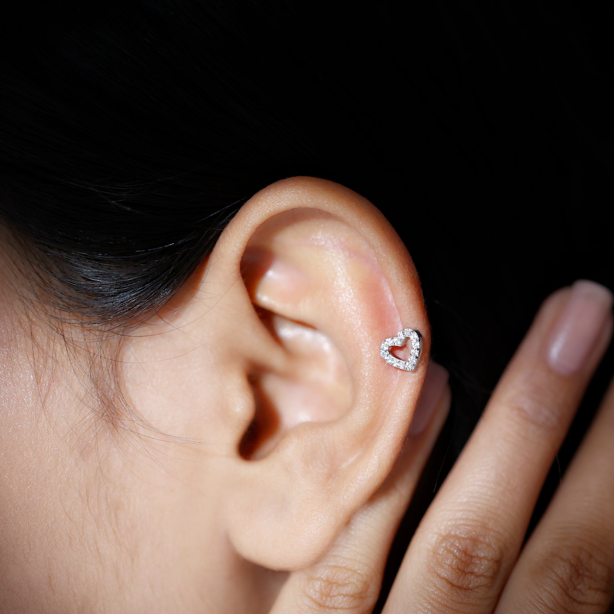 Cute Diamond Open Heart Earring for Helix Piercing Natural - ( HI-SI ) - Rosec Jewels