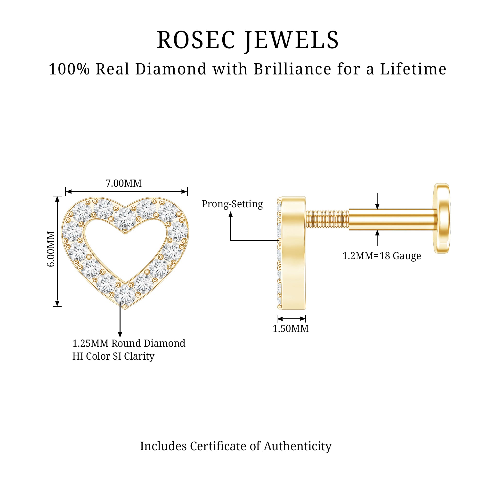 Cute Diamond Open Heart Earring for Helix Piercing Natural - ( HI-SI ) - Rosec Jewels