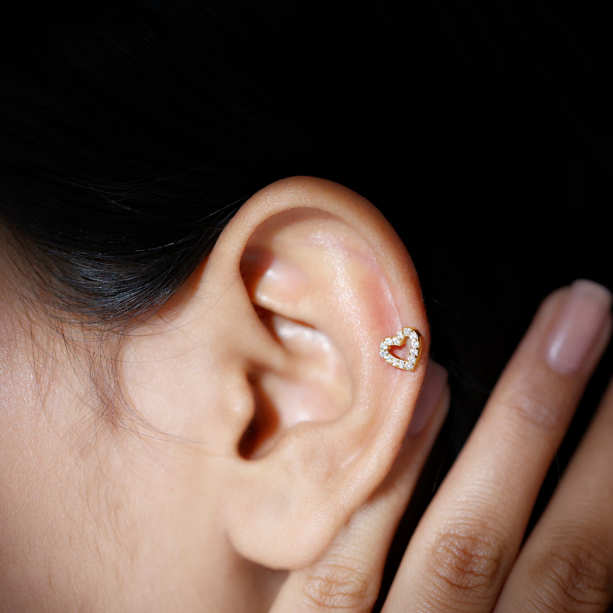 Cute Diamond Open Heart Earring for Helix Piercing Natural - ( HI-SI ) - Rosec Jewels