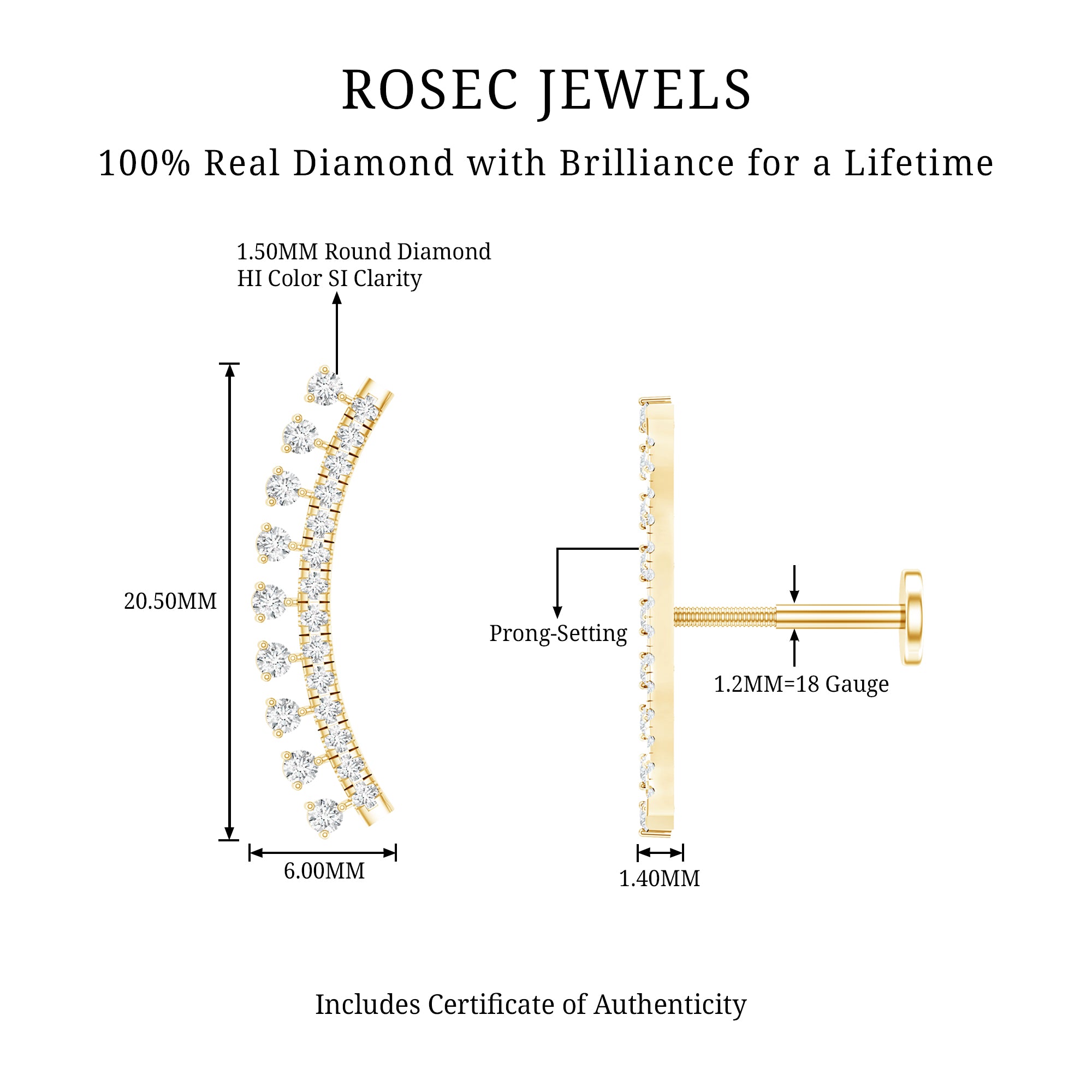 Minimal Diamond Crawler Earring for Cartilage Piercing Natural - ( HI-SI ) - Rosec Jewels
