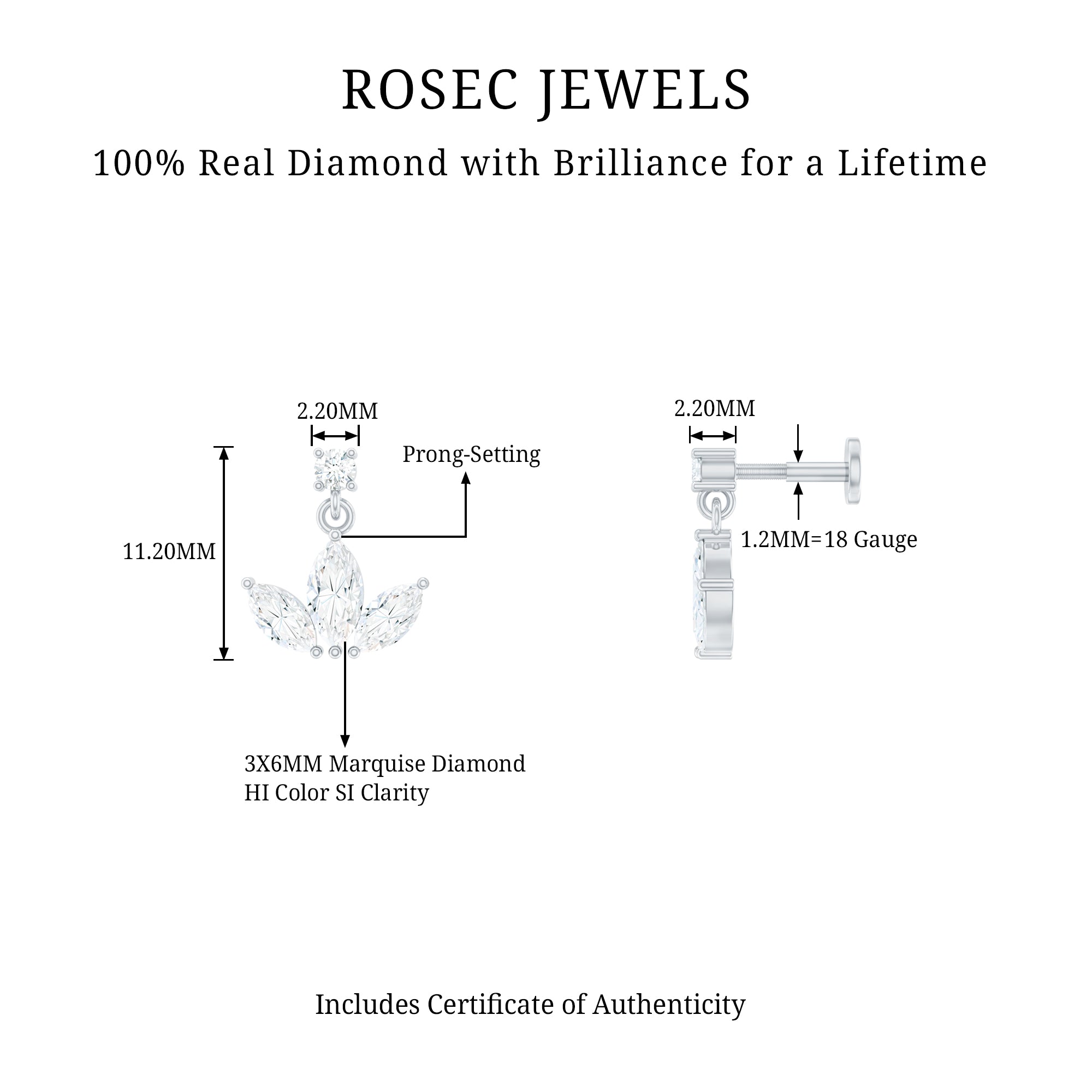 Marquise Diamond Lotus Cartilage Drop Earring Natural - ( HI-SI ) - Rosec Jewels