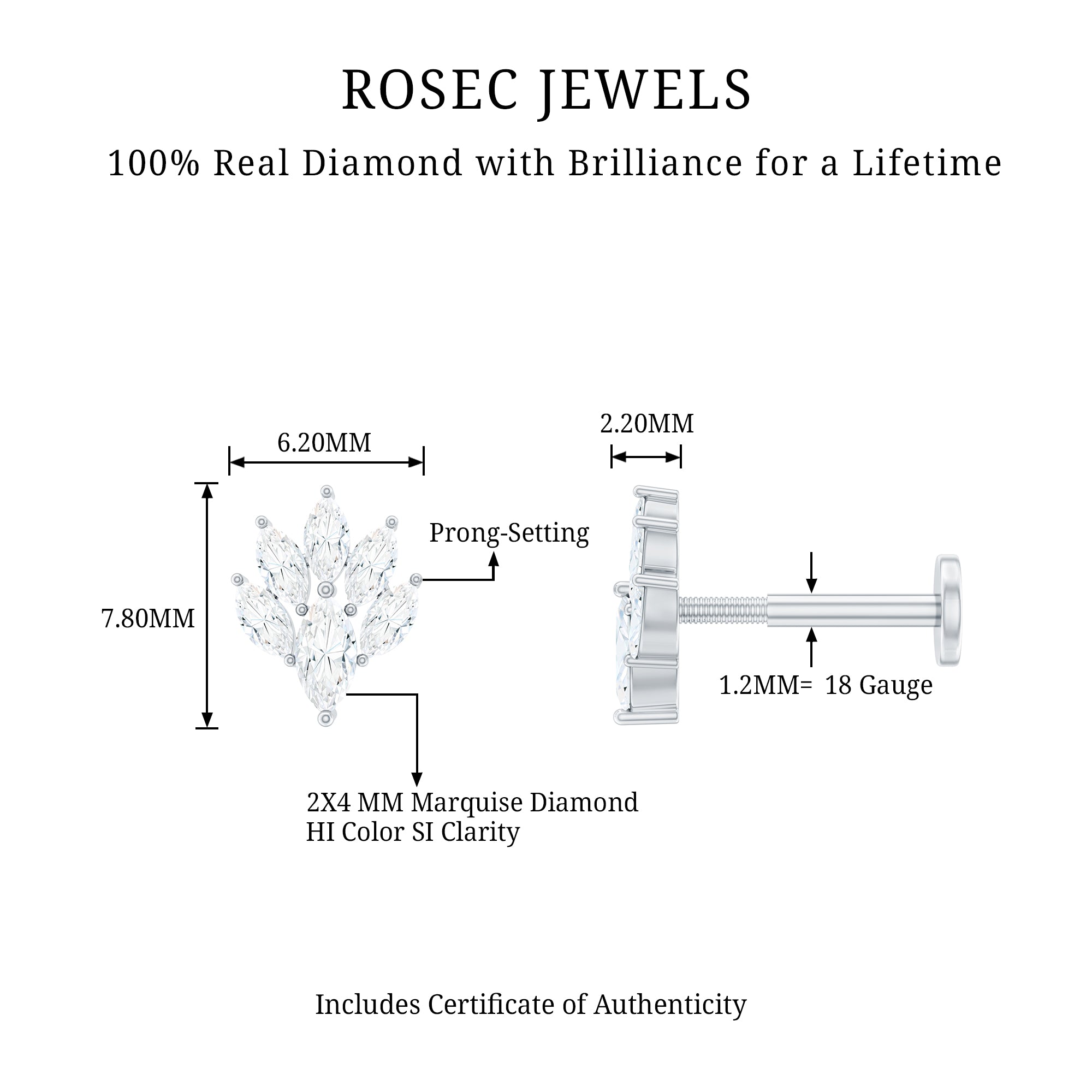 Marquise Diamond Leaf Cluster Helix Earring Natural - ( HI-SI ) - Rosec Jewels