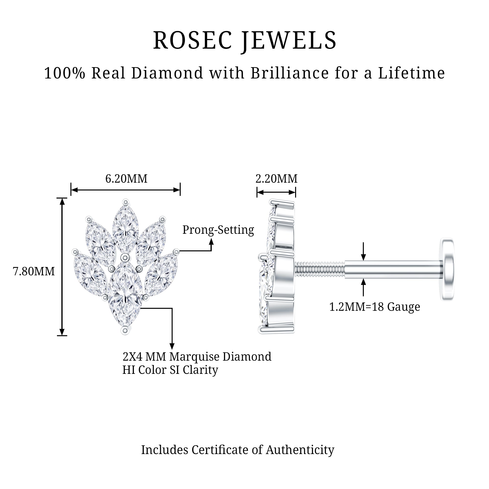 Marquise Diamond Leaf Cluster Helix Earring Natural - ( HI-SI ) - Rosec Jewels