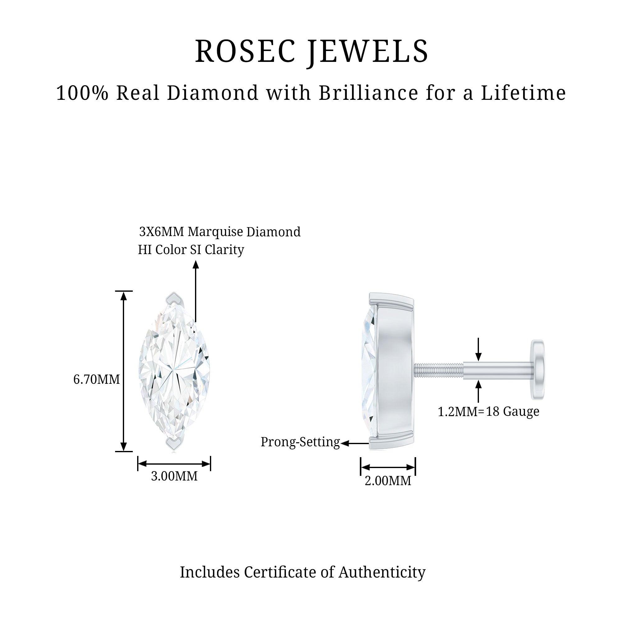 Marquise Diamond Solitaire Earring for Helix Piercing Natural - ( HI-SI ) - Rosec Jewels