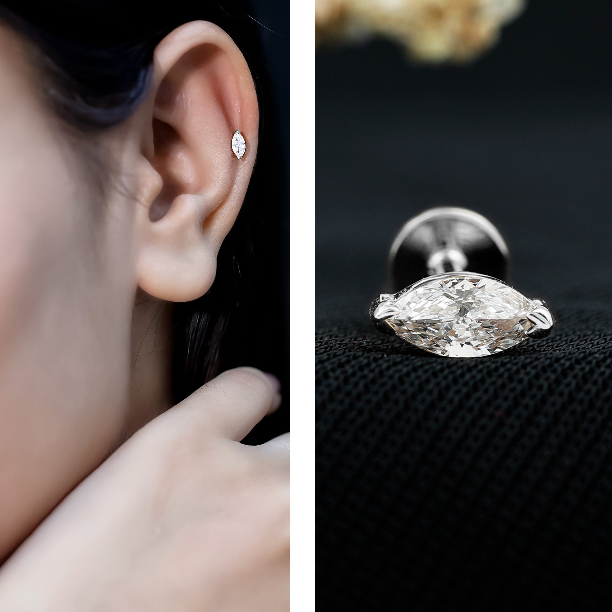 Marquise Diamond Solitaire Earring for Helix Piercing Natural - ( HI-SI ) - Rosec Jewels